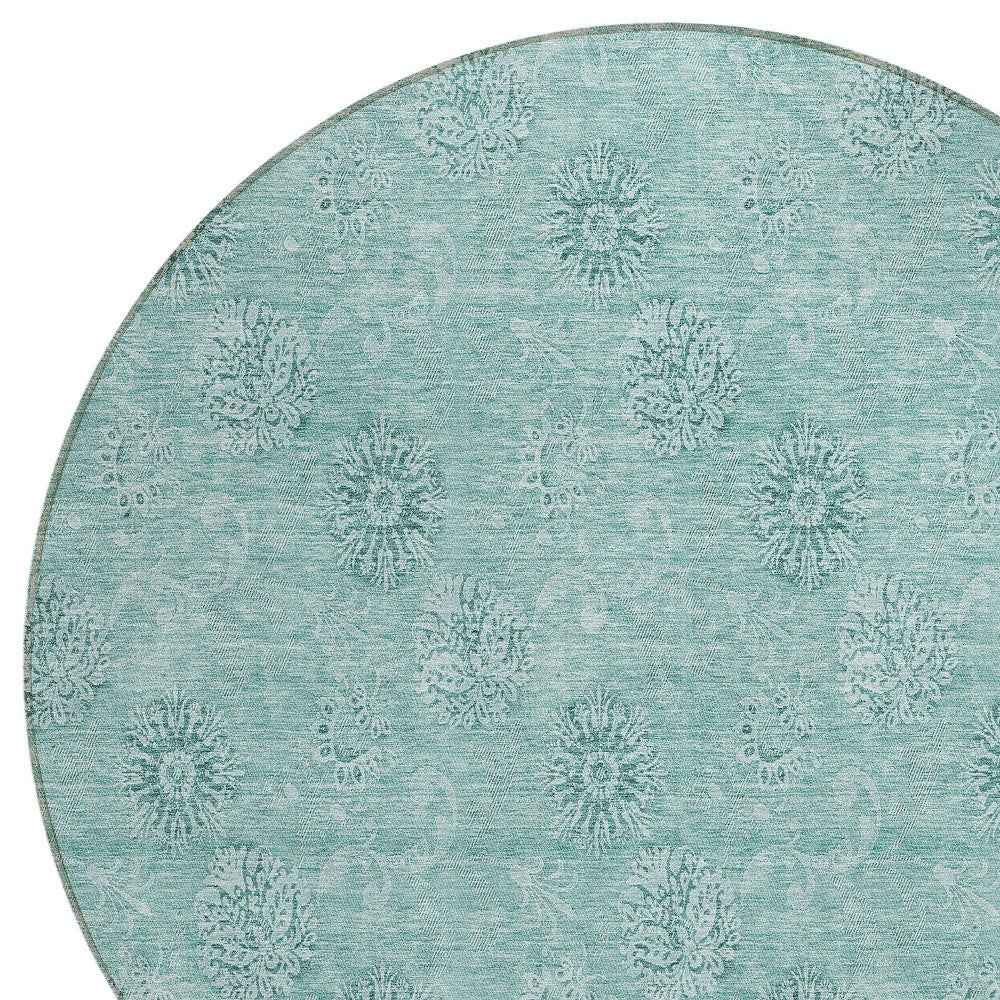 8' Teal Blue And Ivory Round Floral Washable Indoor Outdoor Area Rug