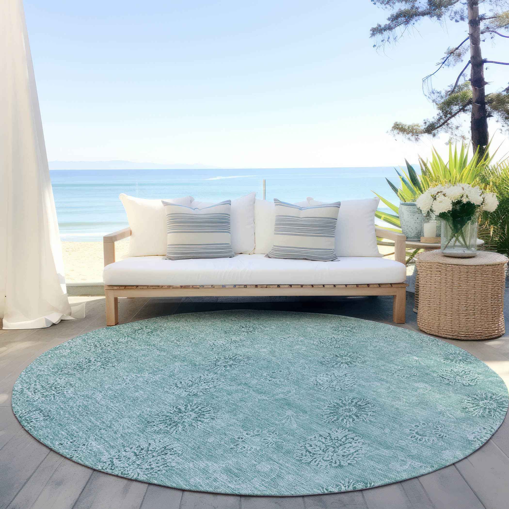 8' Teal Blue And Ivory Round Floral Washable Indoor Outdoor Area Rug