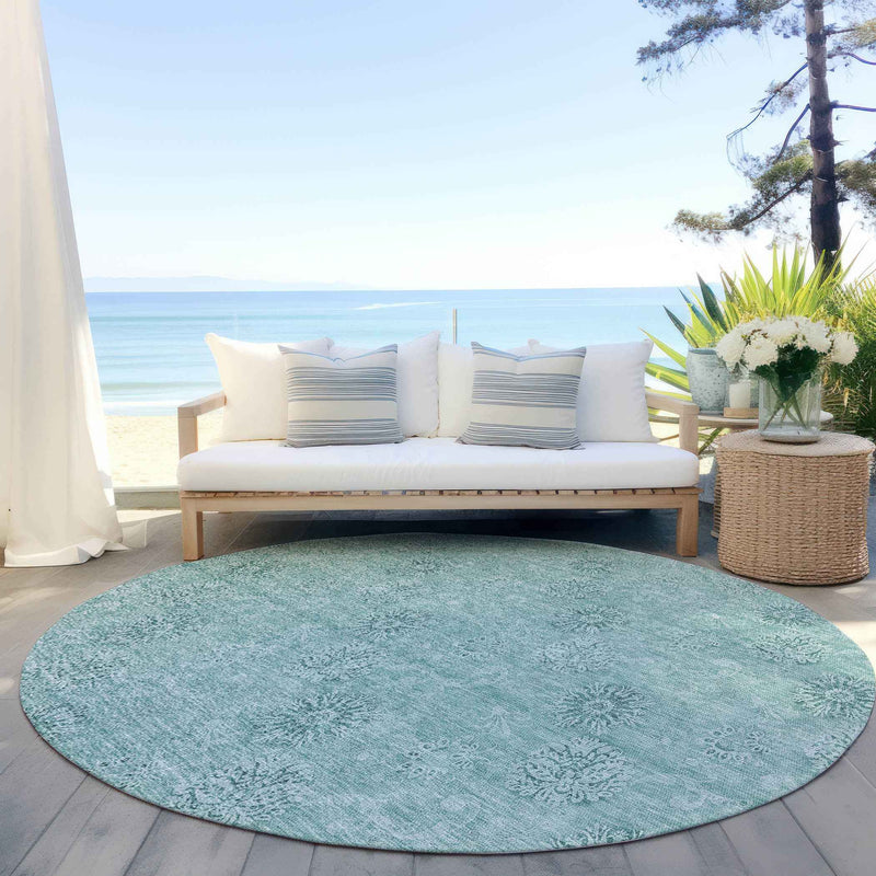 8' Teal Blue And Ivory Round Floral Washable Indoor Outdoor Area Rug