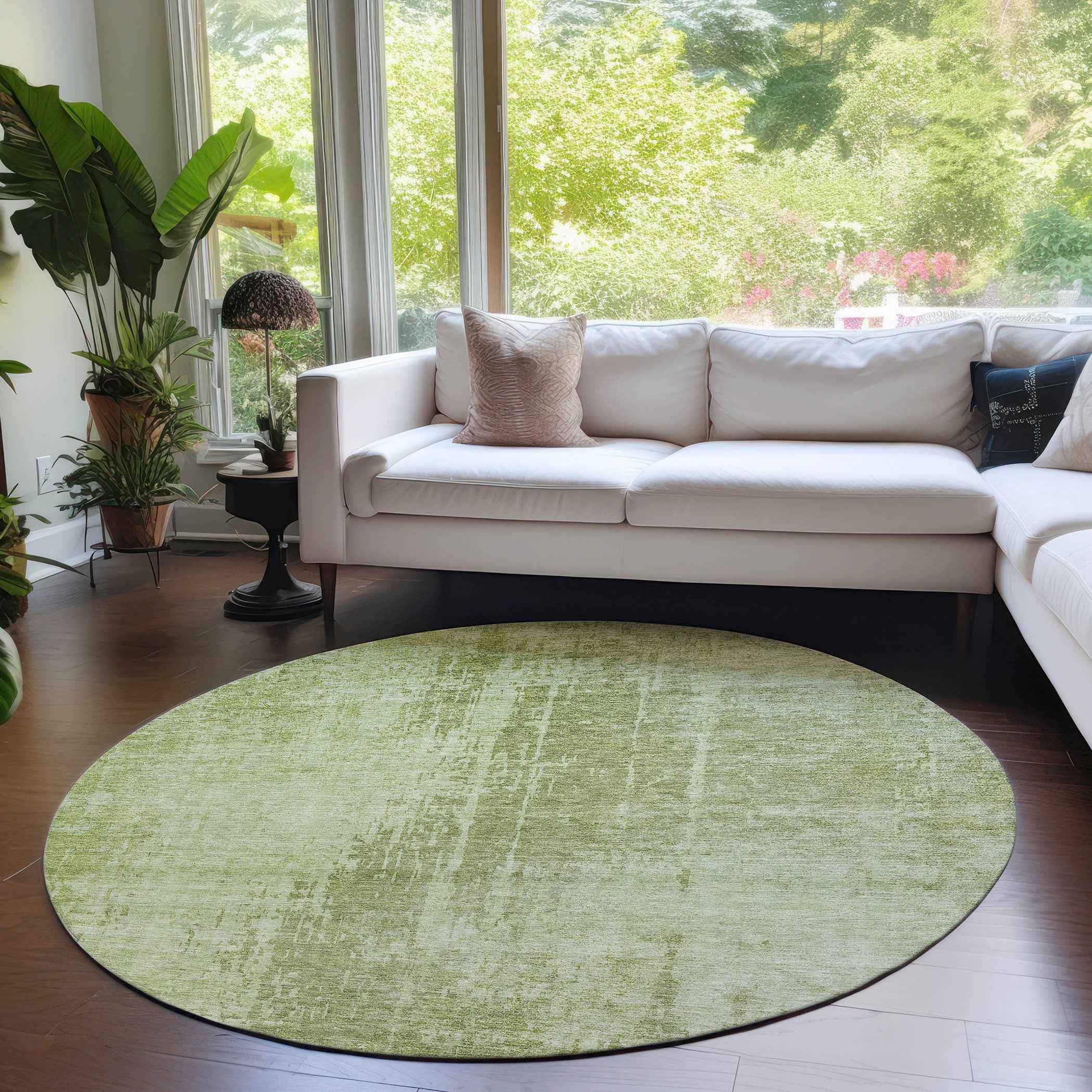 8' Sage And Green Round Abstract Washable Indoor Outdoor Area Rug