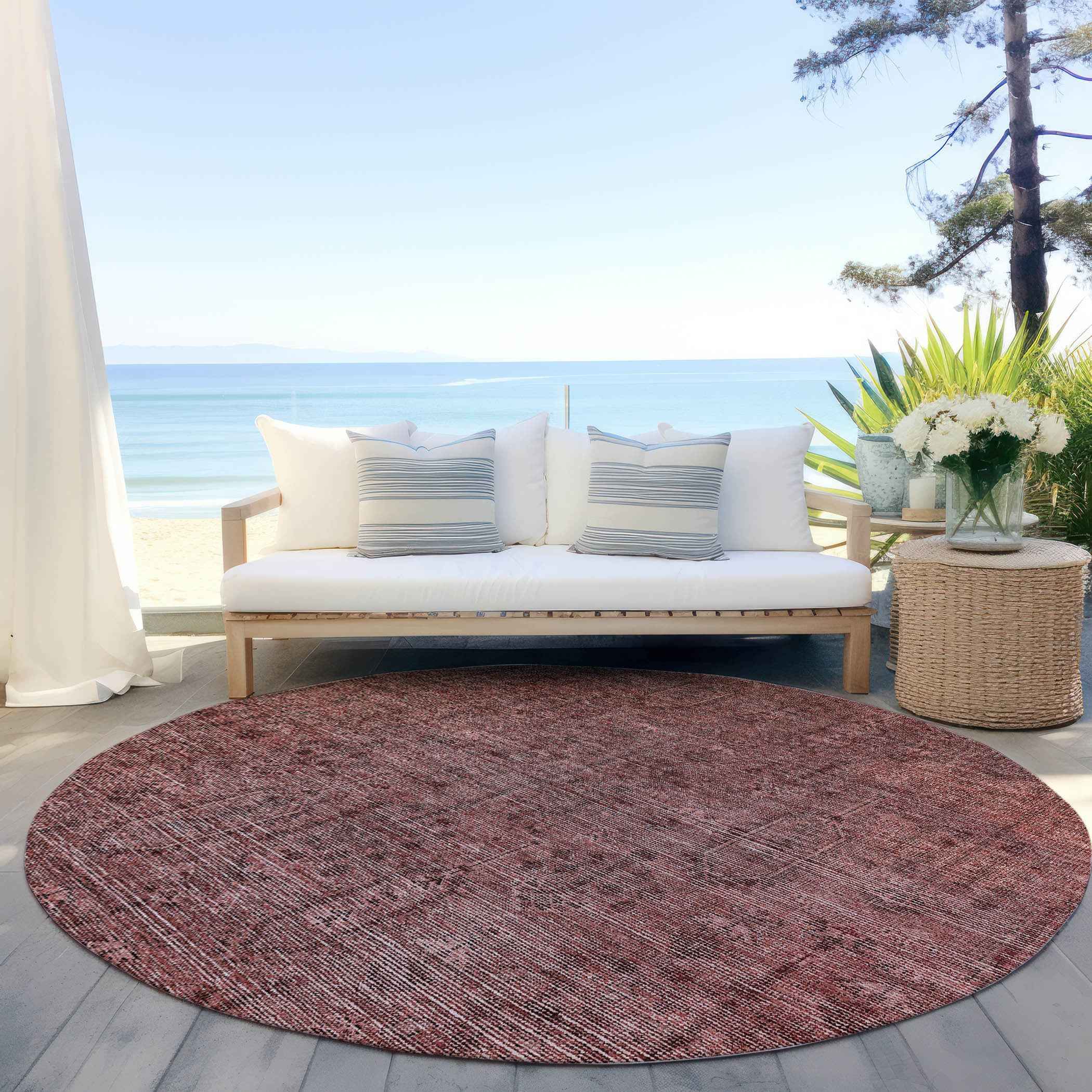 8' Orange And Copper Round Southwestern Washable Indoor Outdoor Area Rug