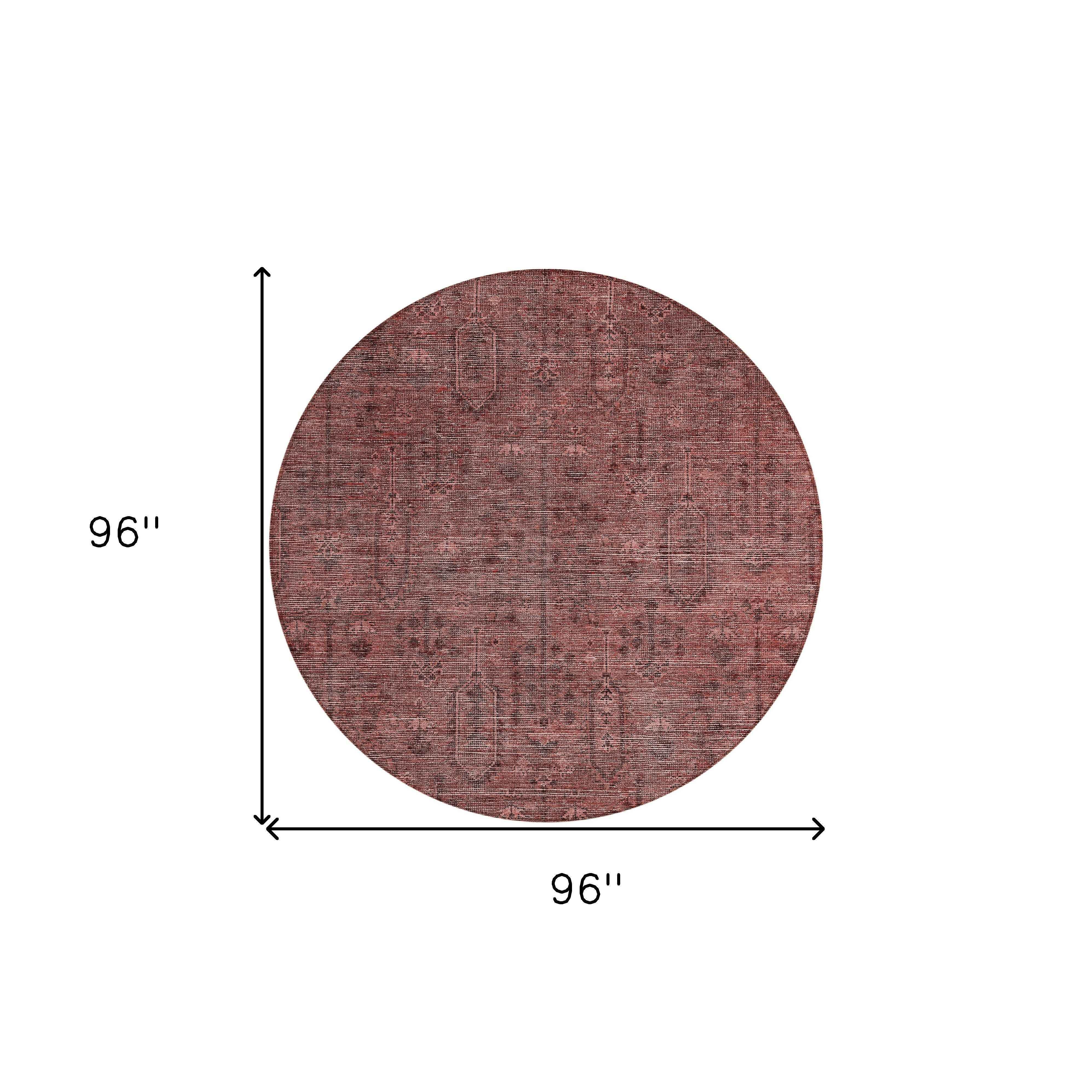 8' Orange And Copper Round Southwestern Washable Indoor Outdoor Area Rug