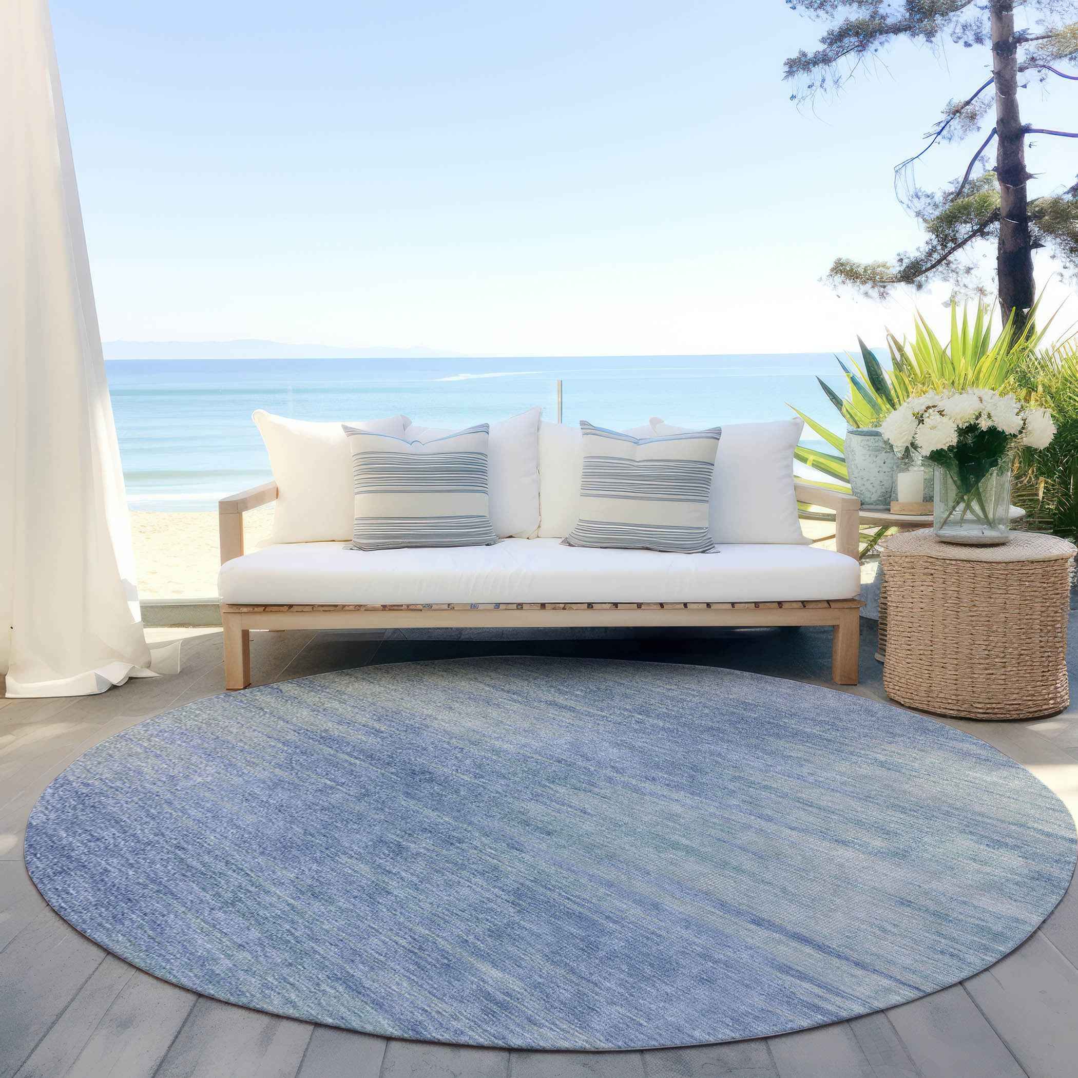 8' Denim Blue And Sky Blue Round Abstract Washable Indoor Outdoor Area Rug