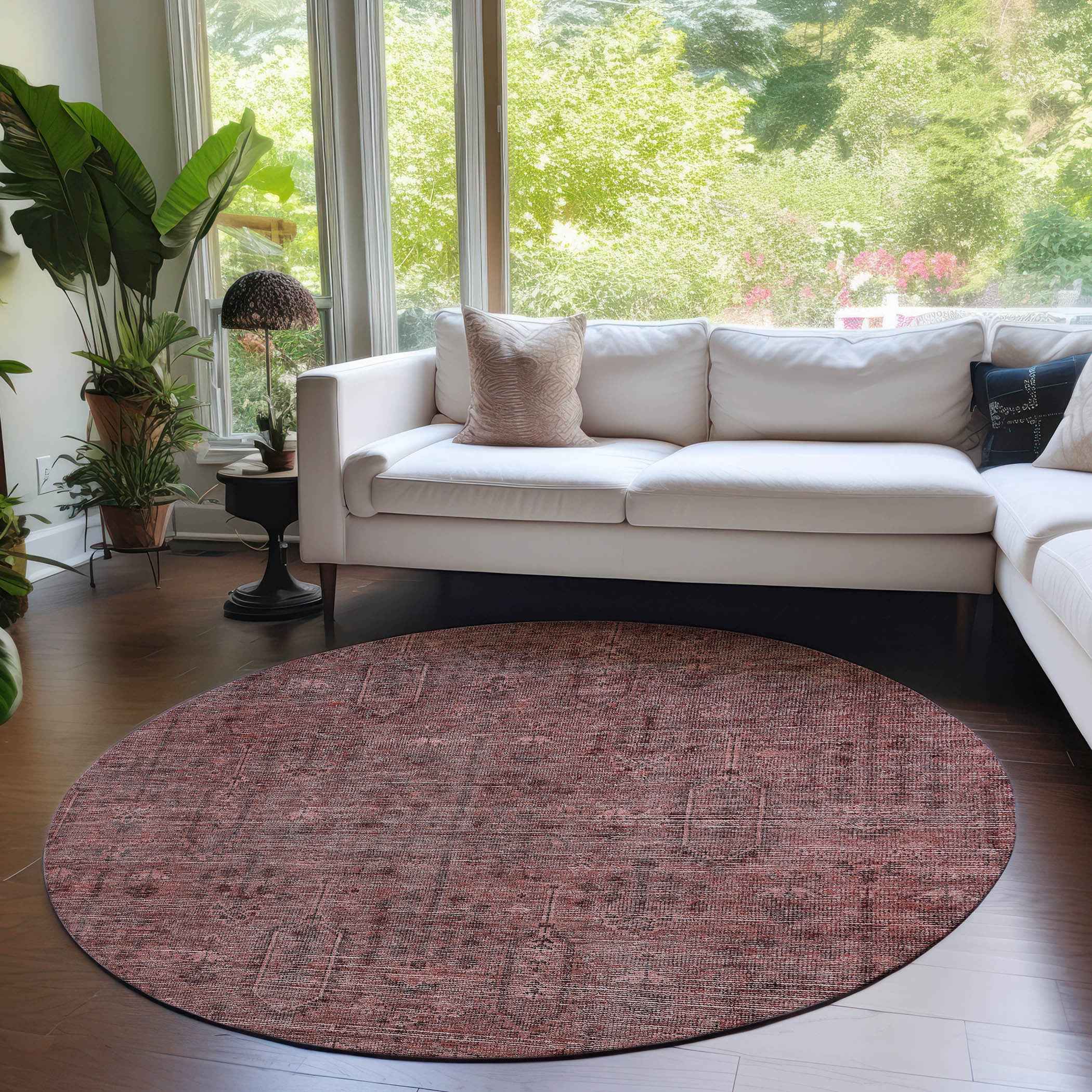 8' Orange And Copper Round Southwestern Washable Indoor Outdoor Area Rug