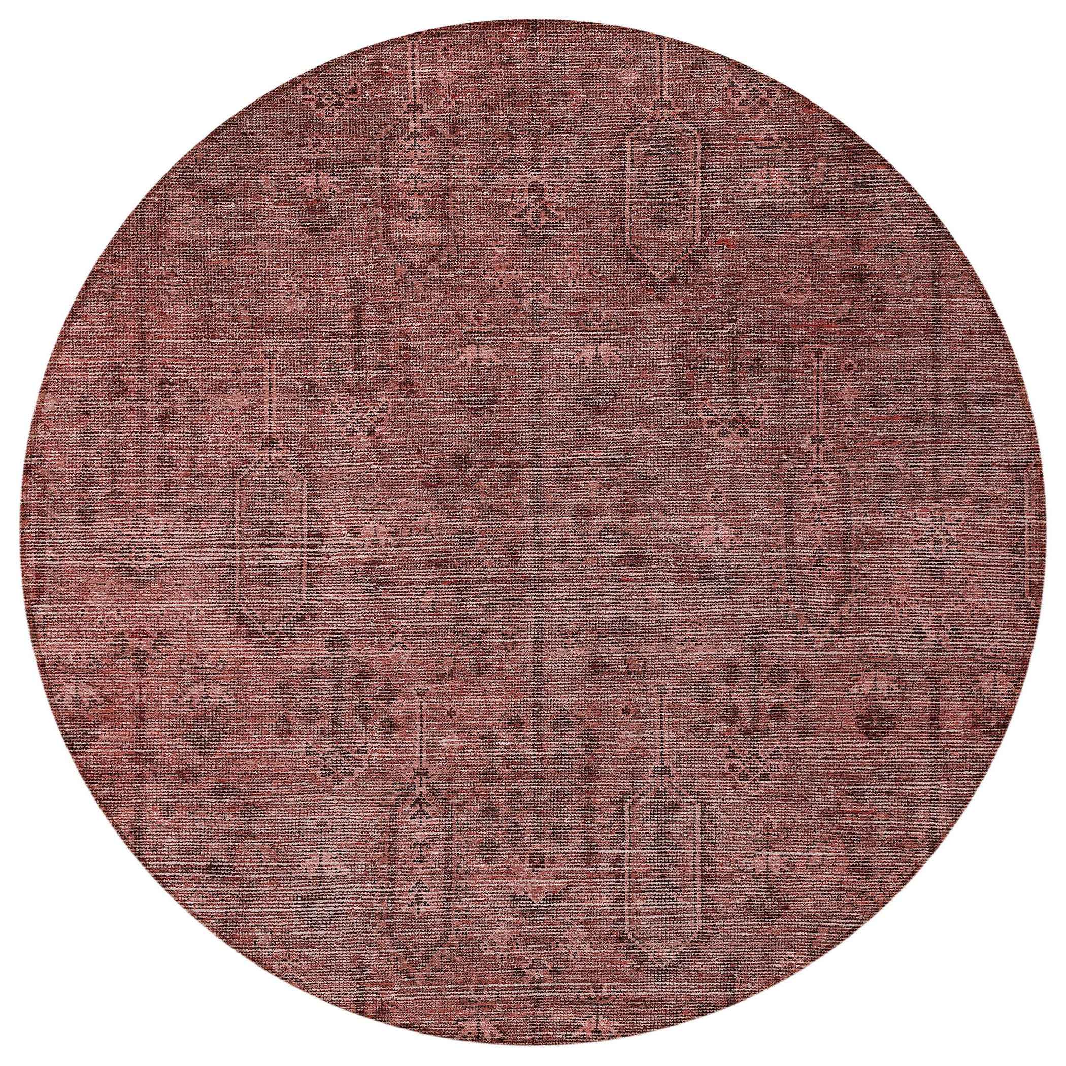 8' Orange And Copper Round Southwestern Washable Indoor Outdoor Area Rug