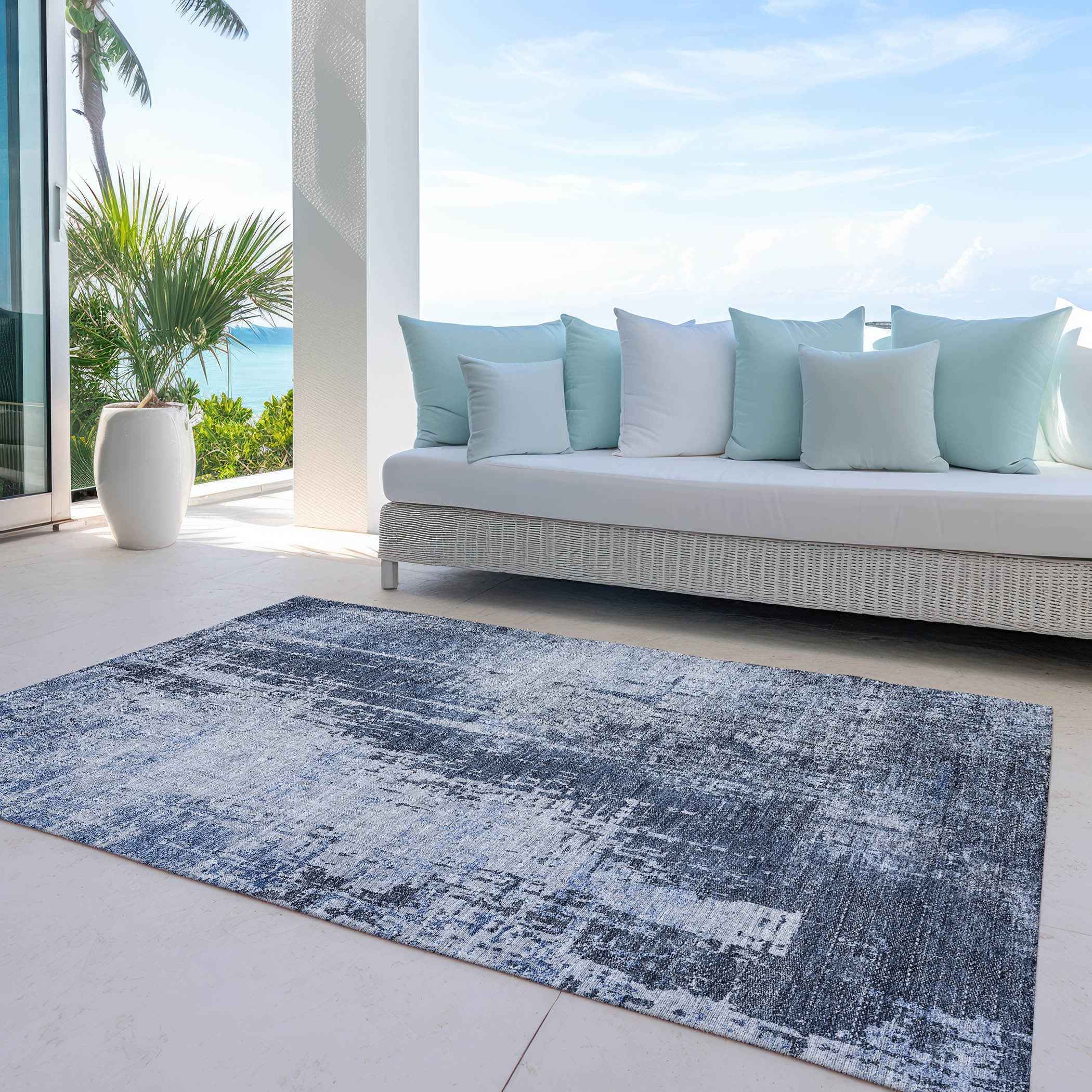 8' X 10' Navy Blue And Sky Blue Abstract Washable Indoor Outdoor Area Rug