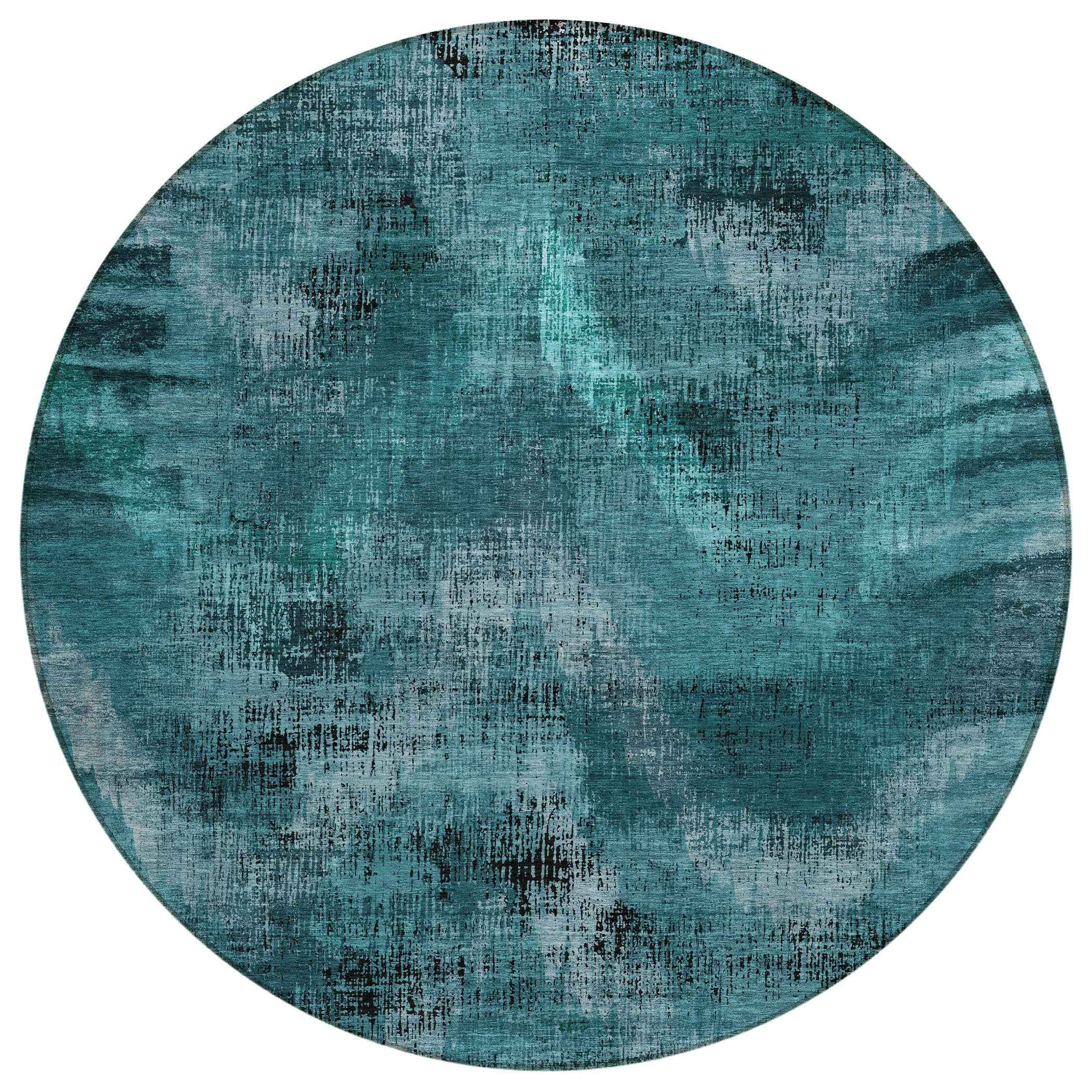 8' Teal Blue Aqua And Gray Round Abstract Washable Indoor Outdoor Area Rug