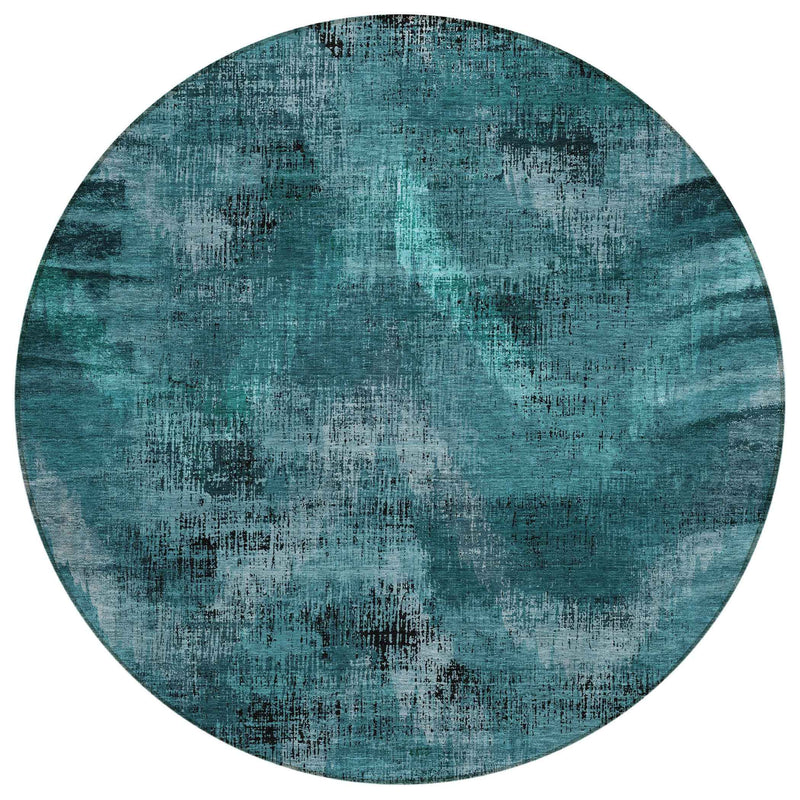 8' Teal Blue Aqua And Gray Round Abstract Washable Indoor Outdoor Area Rug