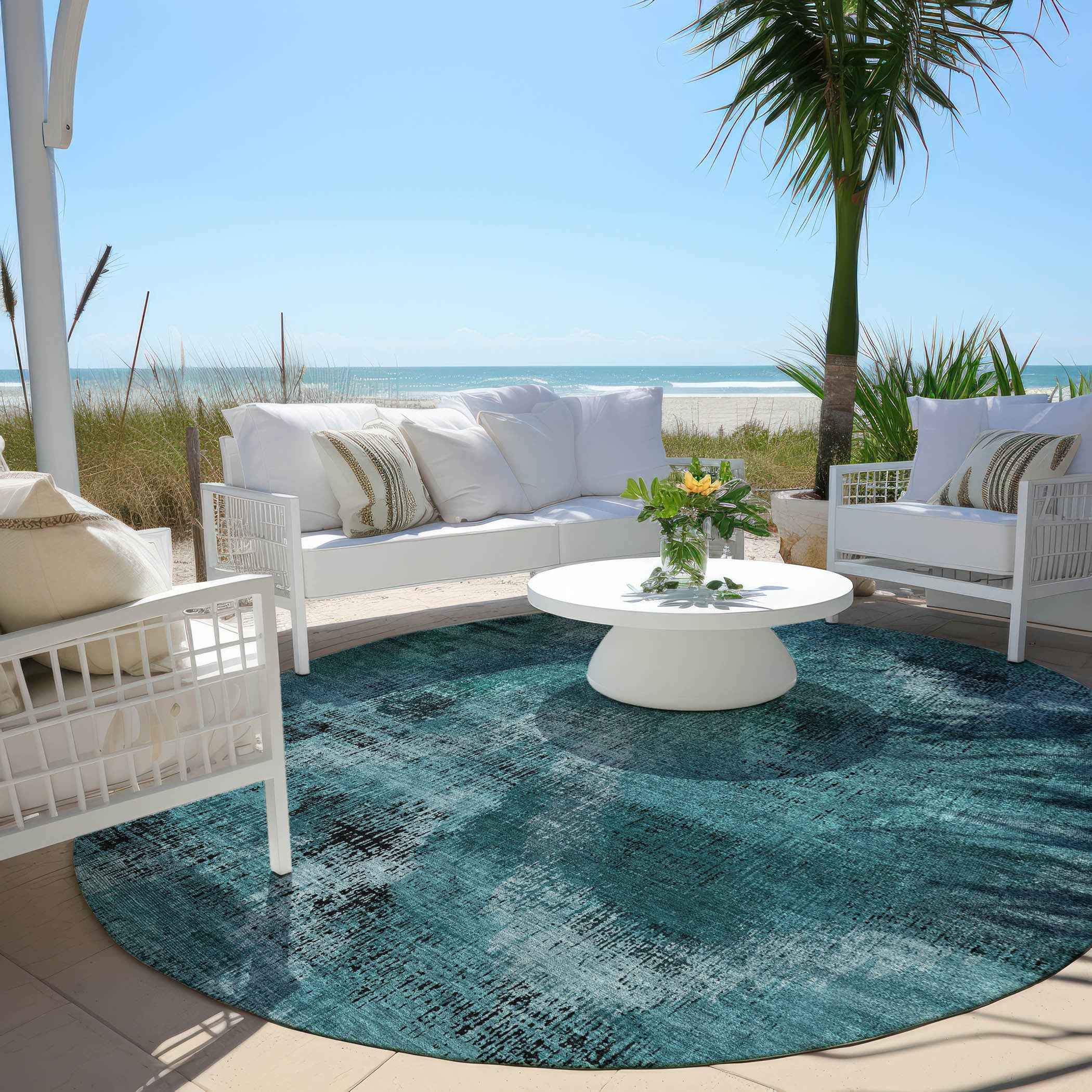 8' Teal Blue Aqua And Gray Round Abstract Washable Indoor Outdoor Area Rug