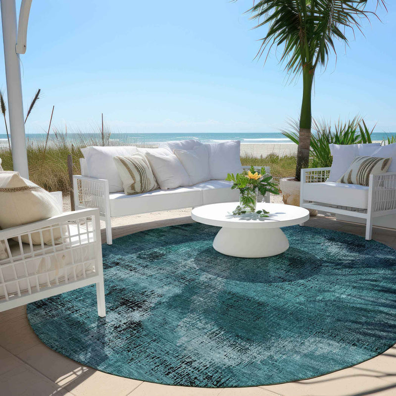 8' Teal Blue Aqua And Gray Round Abstract Washable Indoor Outdoor Area Rug