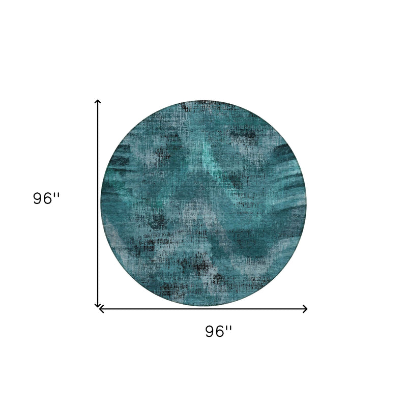 8' Teal Blue Aqua And Gray Round Abstract Washable Indoor Outdoor Area Rug