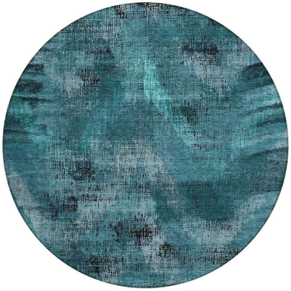 8' Teal Blue Aqua And Gray Round Abstract Washable Indoor Outdoor Area Rug