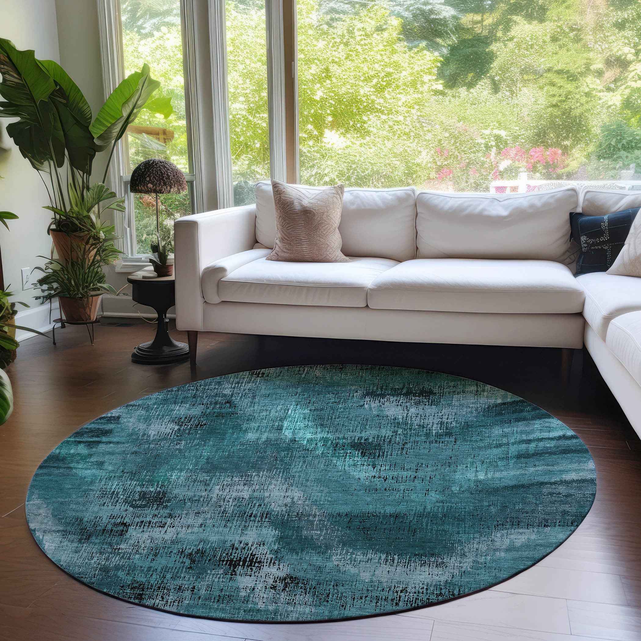 8' Teal Blue Aqua And Gray Round Abstract Washable Indoor Outdoor Area Rug