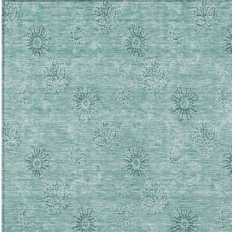 10' X 14' Teal Blue And Ivory Floral Washable Indoor Outdoor Area Rug