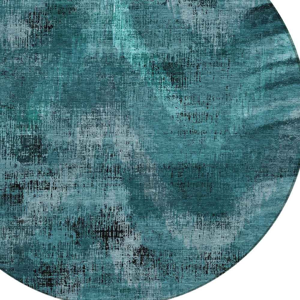 8' Teal Blue Aqua And Gray Round Abstract Washable Indoor Outdoor Area Rug