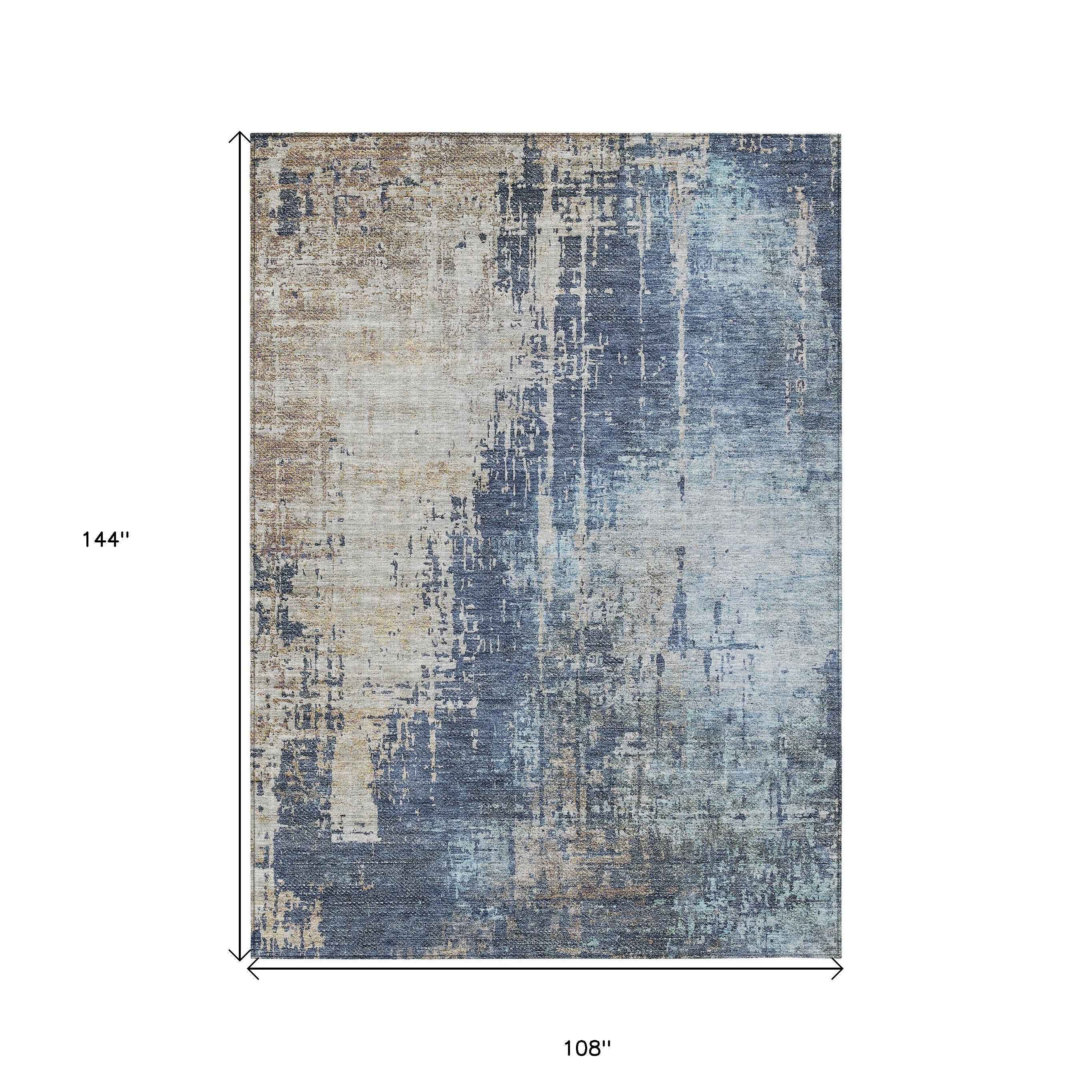9' X 12' Navy Blue And Taupe Abstract Washable Indoor Outdoor Area Rug