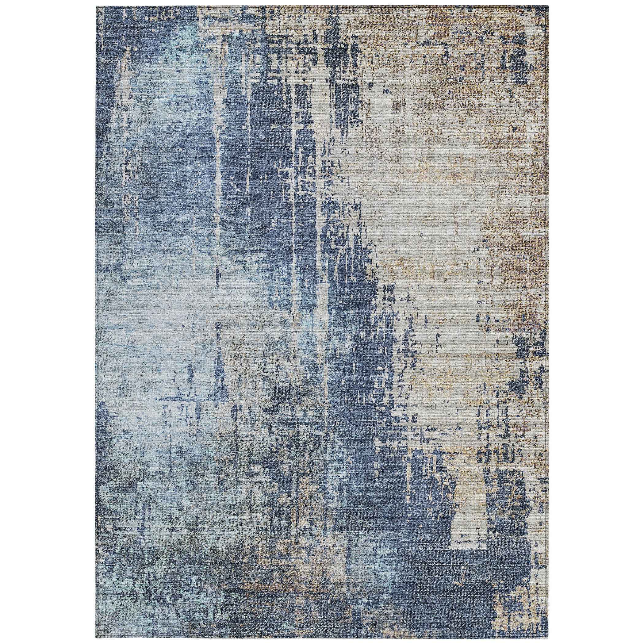 9' X 12' Navy Blue And Taupe Abstract Washable Indoor Outdoor Area Rug