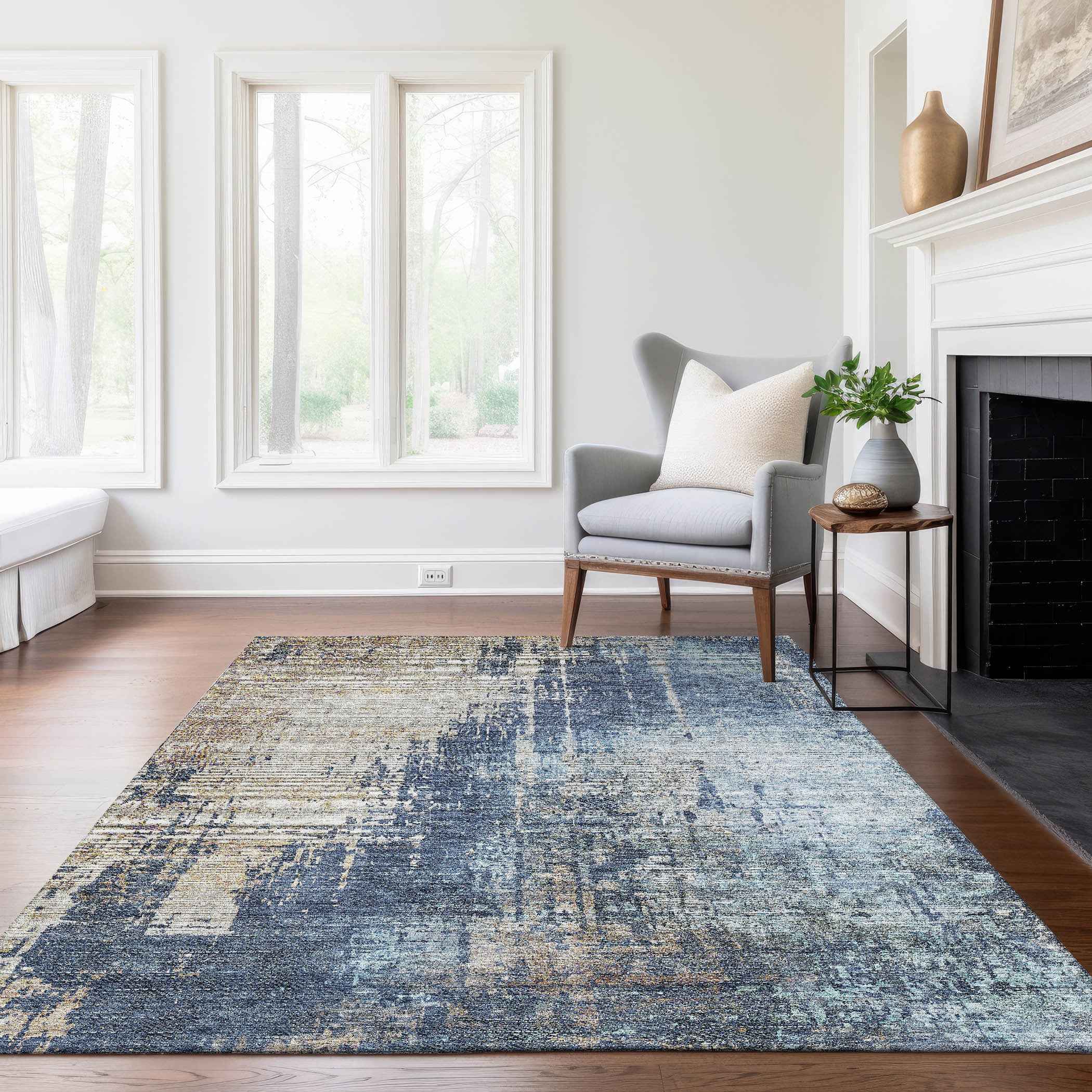 9' X 12' Navy Blue And Taupe Abstract Washable Indoor Outdoor Area Rug