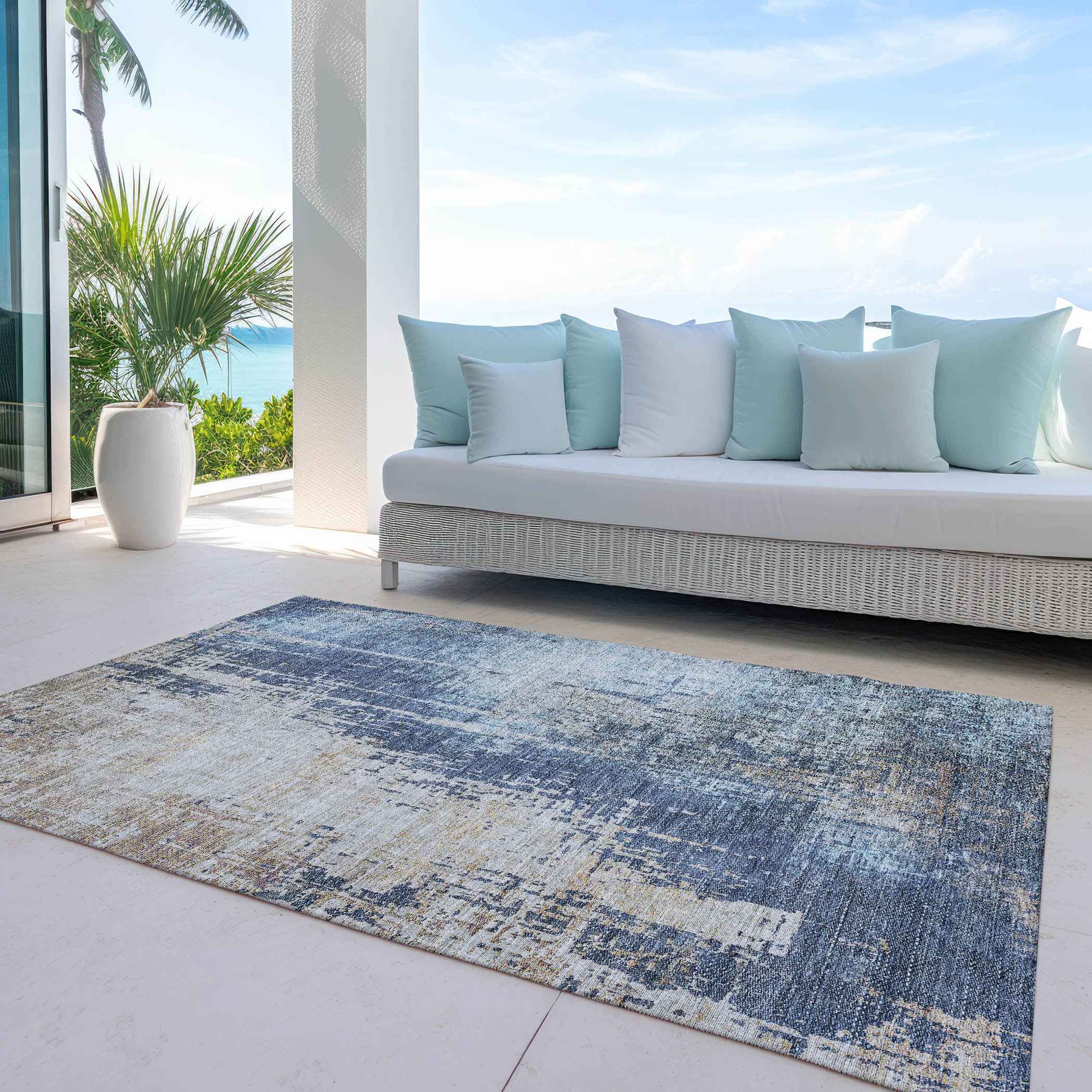 9' X 12' Navy Blue And Taupe Abstract Washable Indoor Outdoor Area Rug