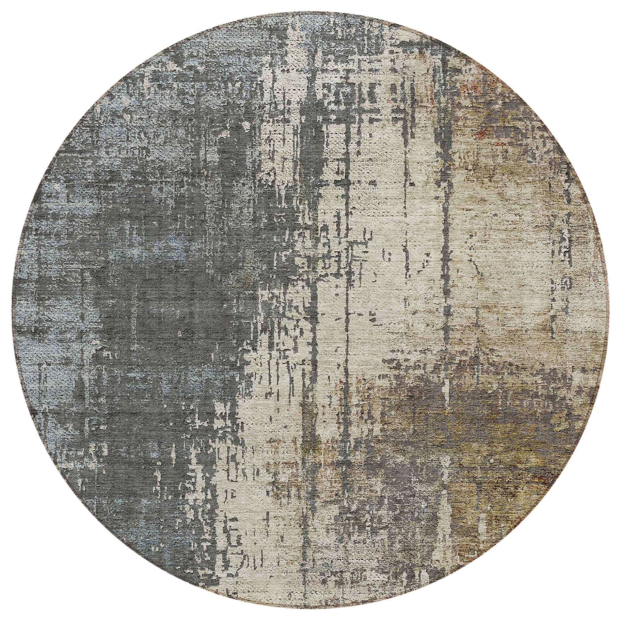 8' Beige Brown And Gray Round Abstract Washable Indoor Outdoor Area Rug