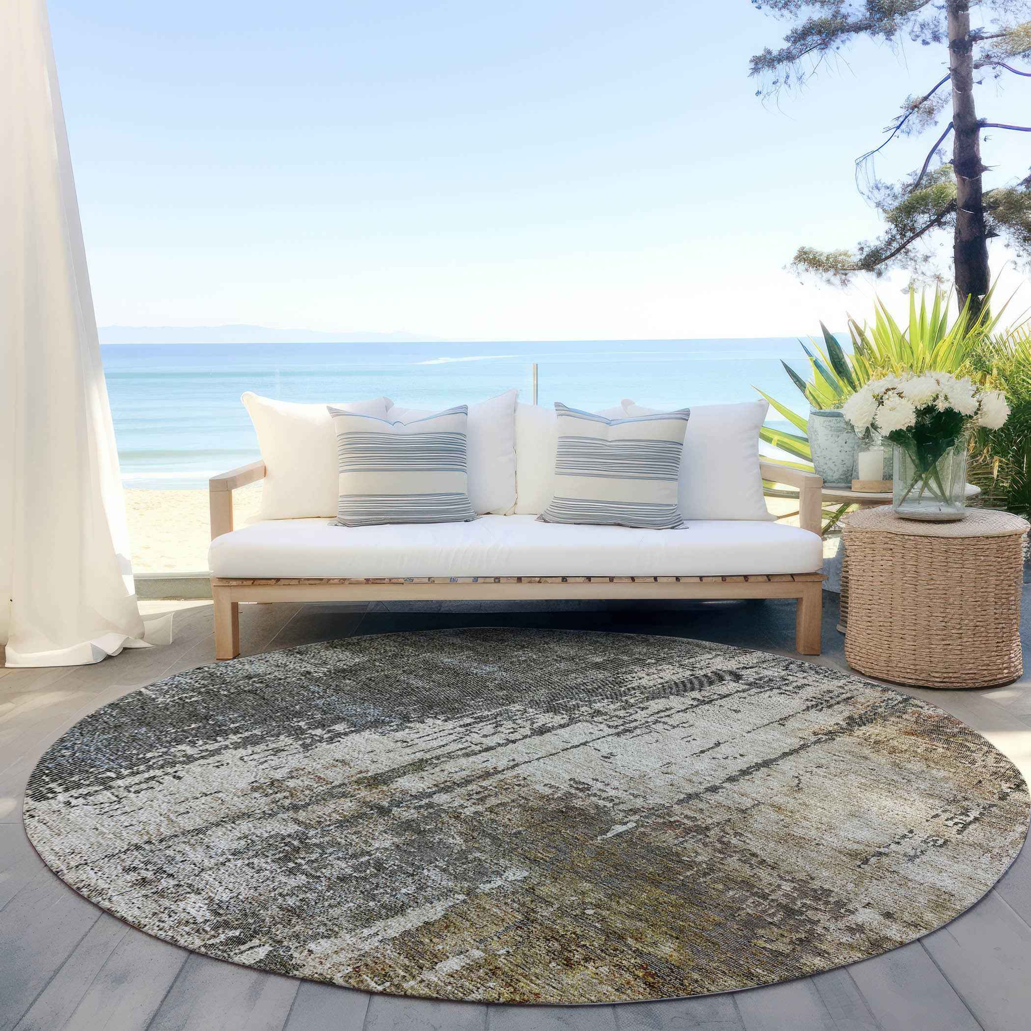 8' Beige Brown And Gray Round Abstract Washable Indoor Outdoor Area Rug