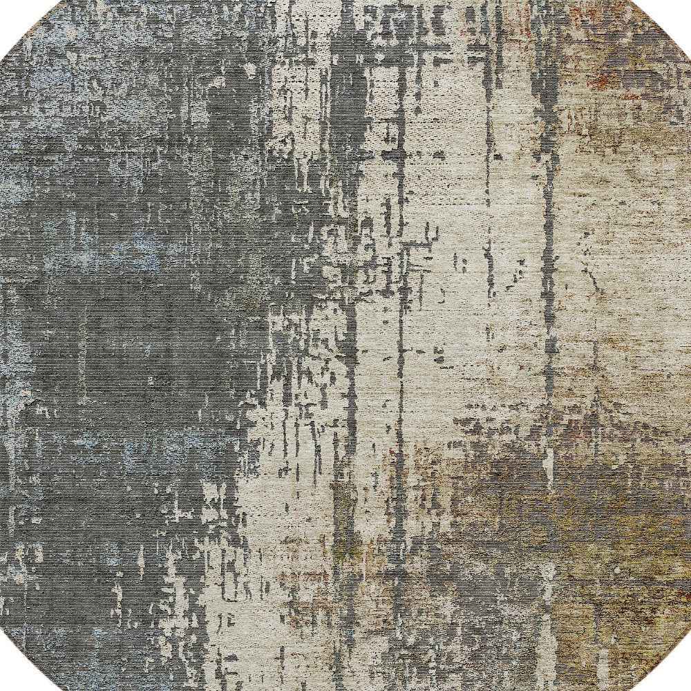 8' Beige Brown And Gray Round Abstract Washable Indoor Outdoor Area Rug
