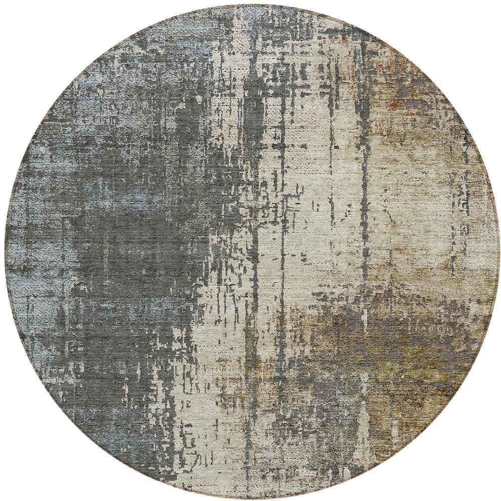 8' Beige Brown And Gray Round Abstract Washable Indoor Outdoor Area Rug