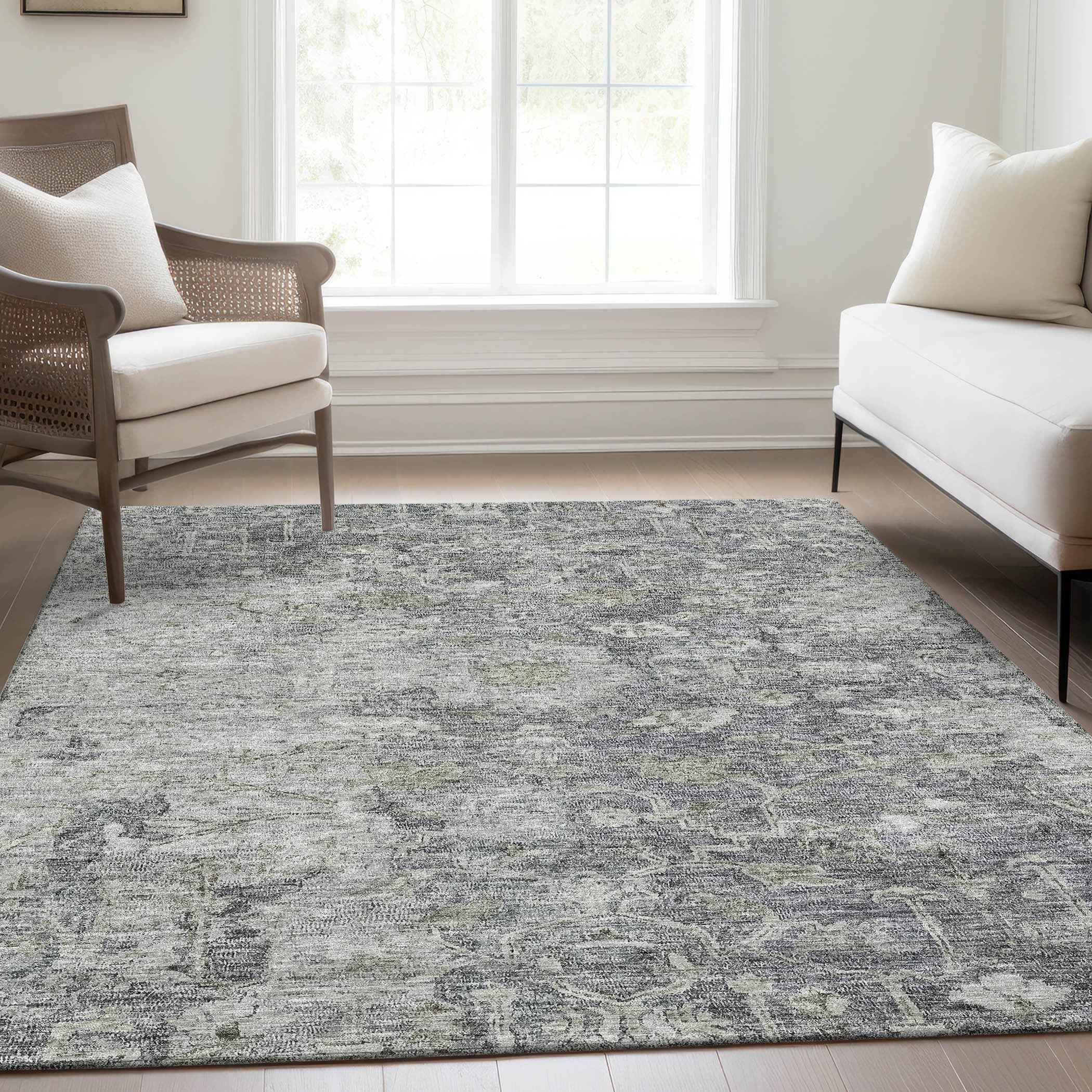 8' X 10' Gray Beige And Charcoal Oriental Washable Indoor Outdoor Area Rug