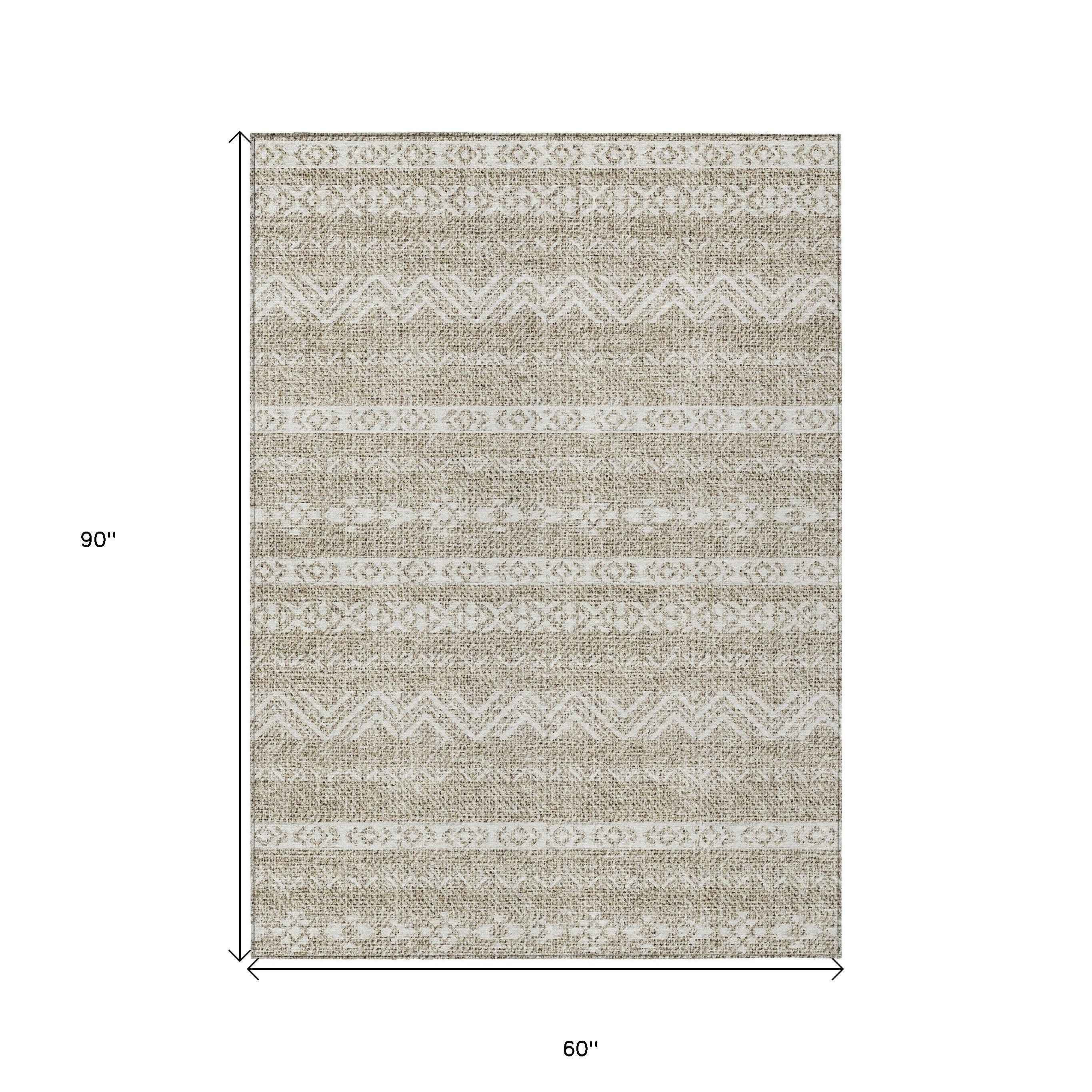 5' X 8' Beige And Ivory Southwestern Washable Indoor Outdoor Area Rug
