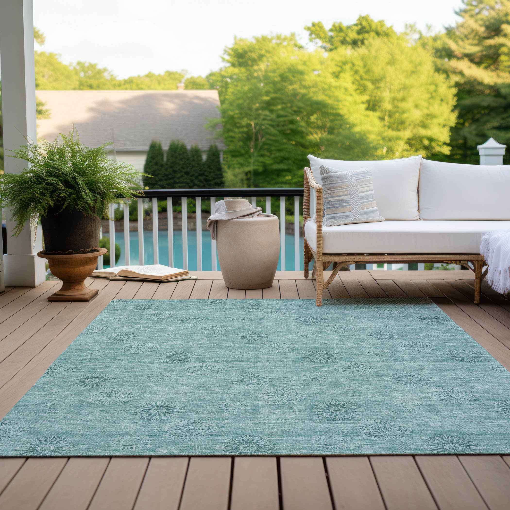 3' X 5' Teal Blue And Ivory Floral Washable Indoor Outdoor Area Rug