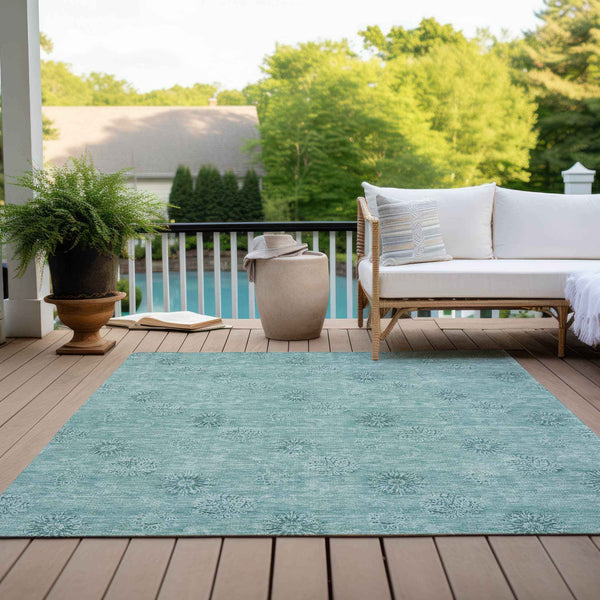 3' X 5' Teal Blue And Ivory Floral Washable Indoor Outdoor Area Rug