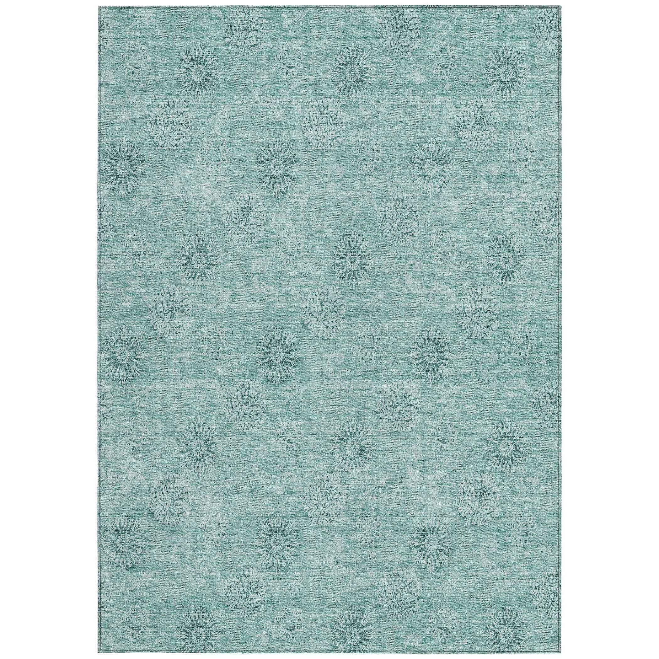 3' X 5' Teal Blue And Ivory Floral Washable Indoor Outdoor Area Rug