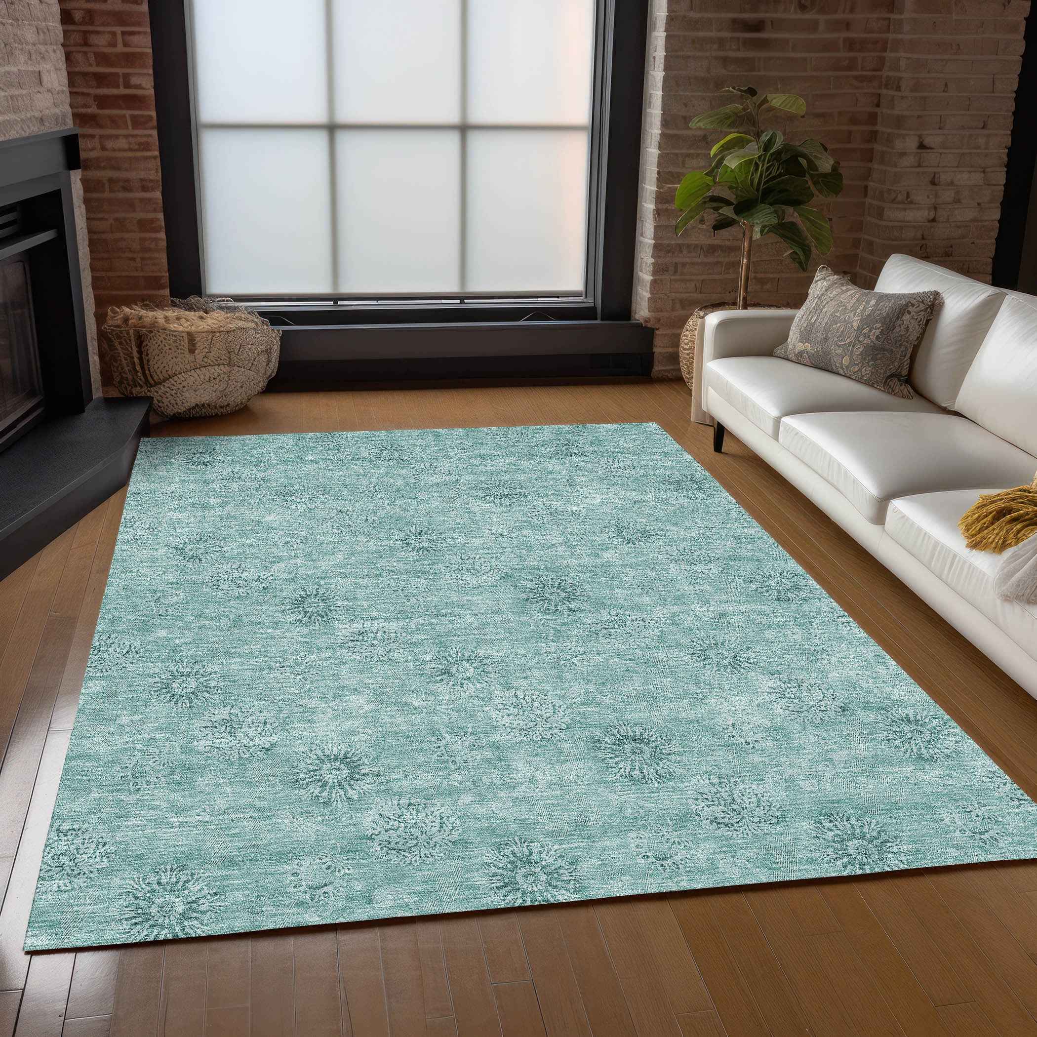 3' X 5' Teal Blue And Ivory Floral Washable Indoor Outdoor Area Rug