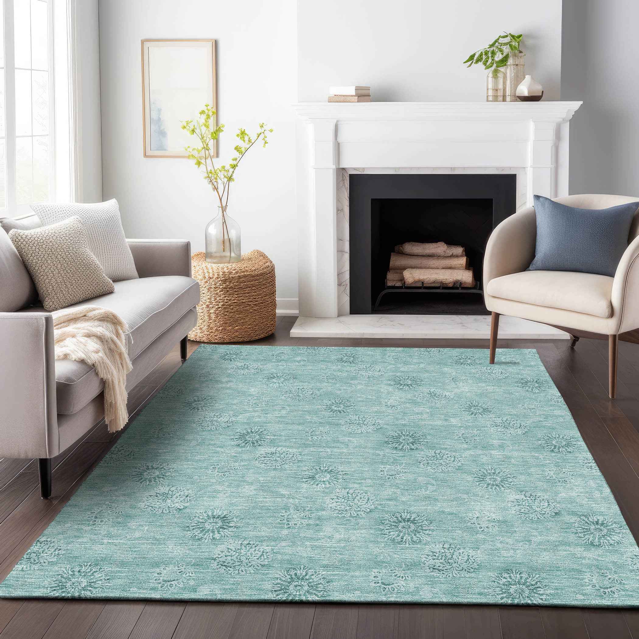 3' X 5' Teal Blue And Ivory Floral Washable Indoor Outdoor Area Rug