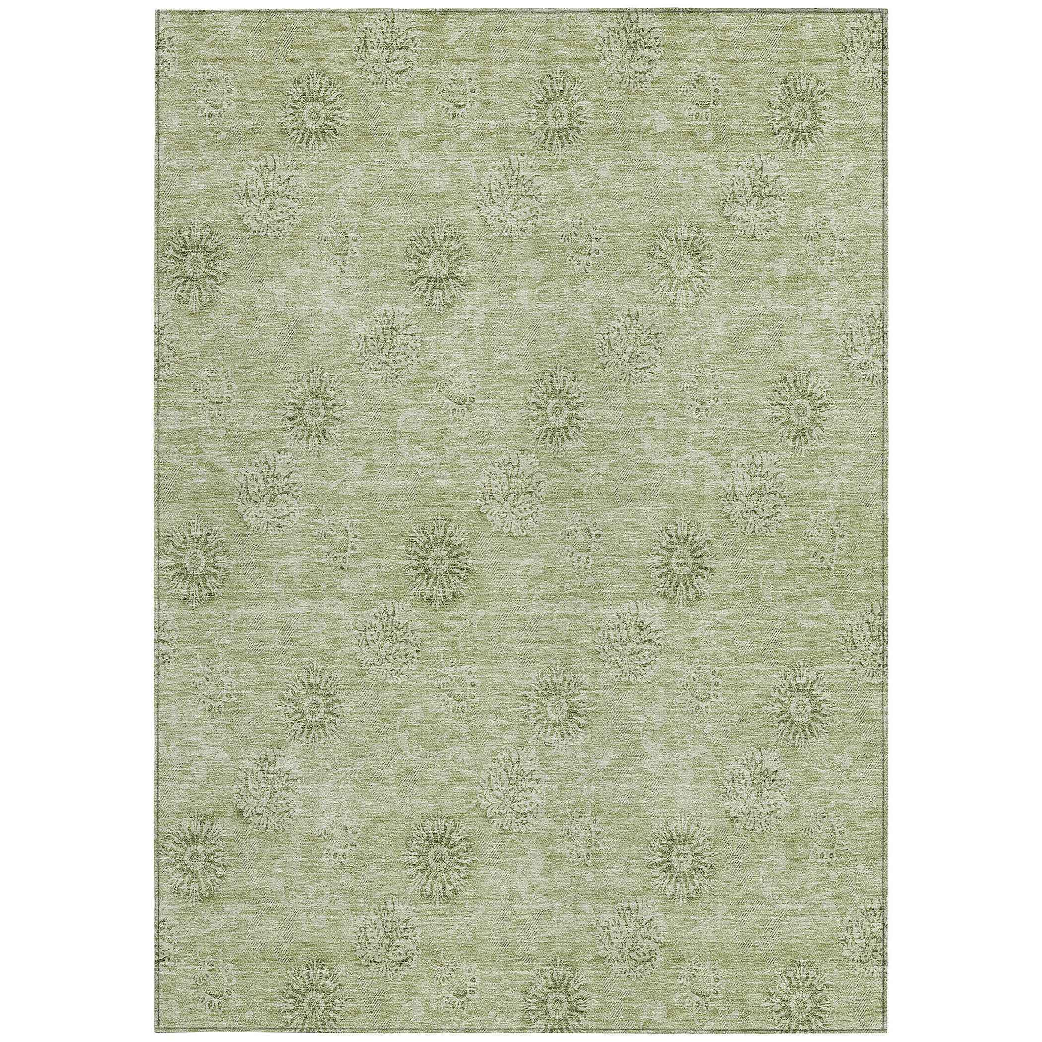9' X 12' Sage And Artichoke Green Floral Washable Indoor Outdoor Area Rug