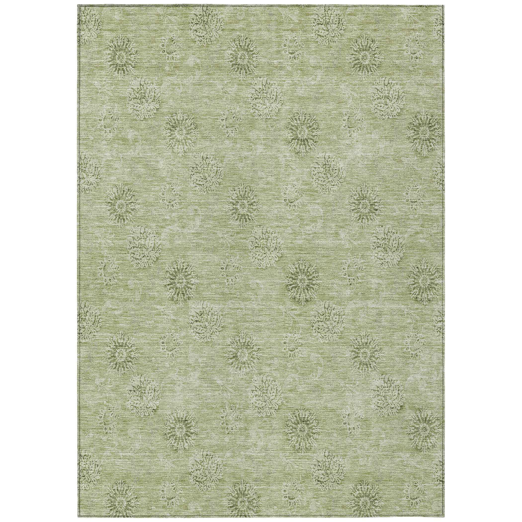 9' X 12' Sage And Artichoke Green Floral Washable Indoor Outdoor Area Rug