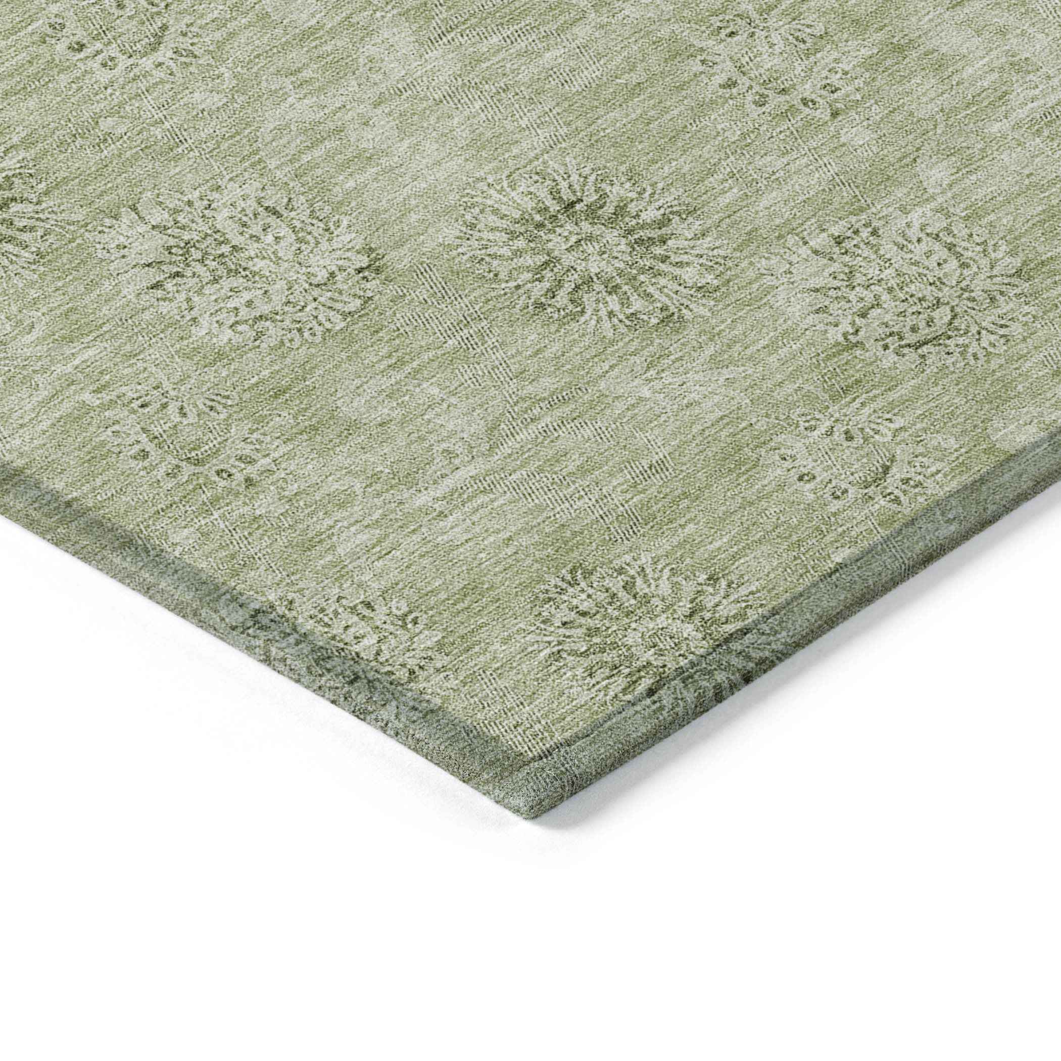 9' X 12' Sage And Artichoke Green Floral Washable Indoor Outdoor Area Rug