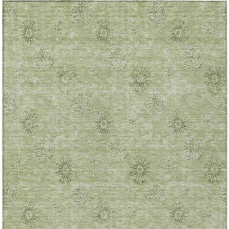 9' X 12' Sage And Artichoke Green Floral Washable Indoor Outdoor Area Rug