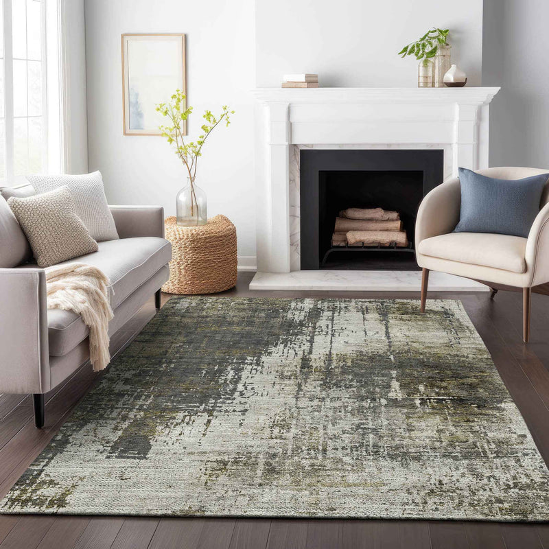 3' X 5' Taupe Beige And Olive Green Abstract Washable Indoor Outdoor Area Rug