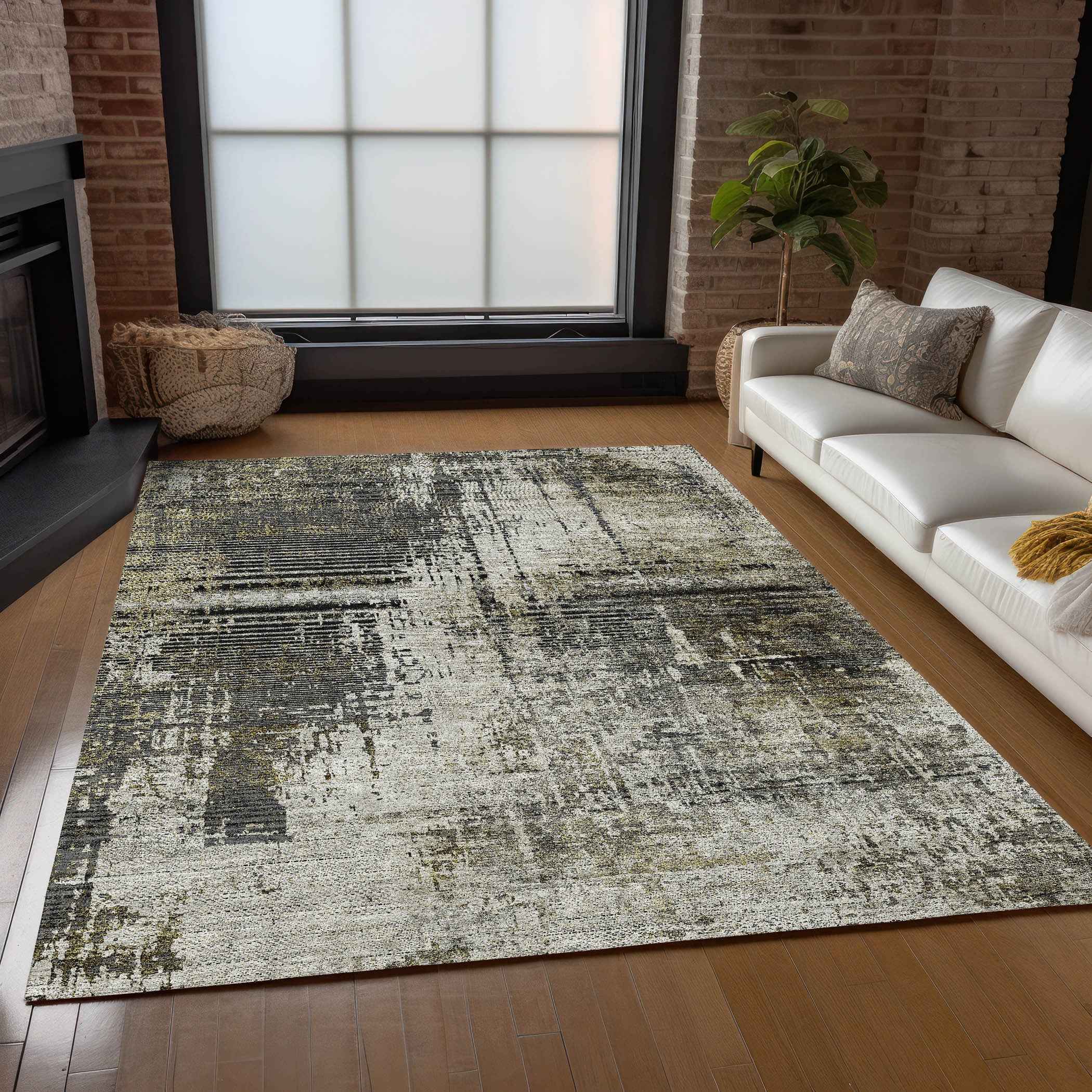 3' X 5' Taupe Beige And Olive Green Abstract Washable Indoor Outdoor Area Rug