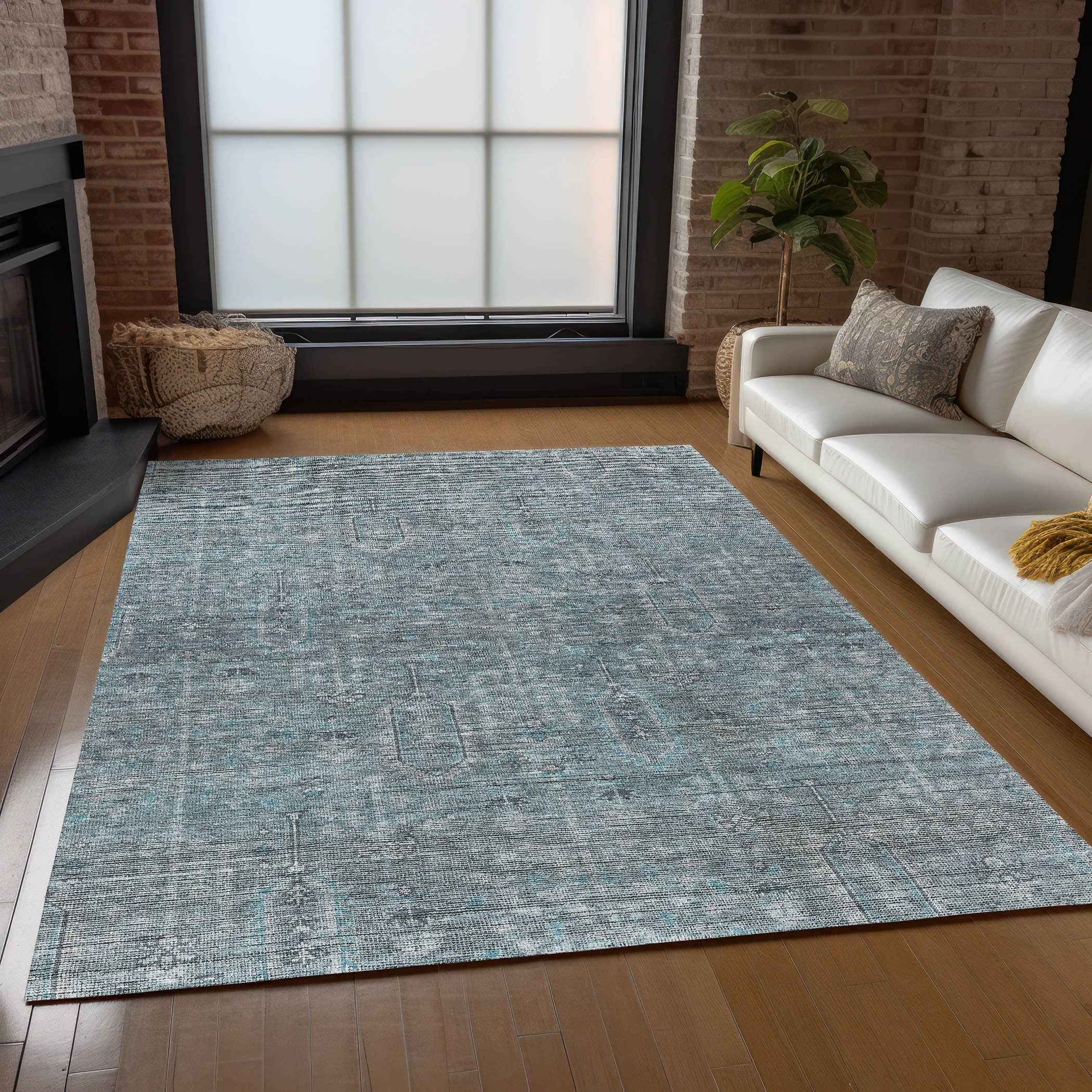 8' X 10' Teal Blue And Gray Southwestern Washable Indoor Outdoor Area Rug