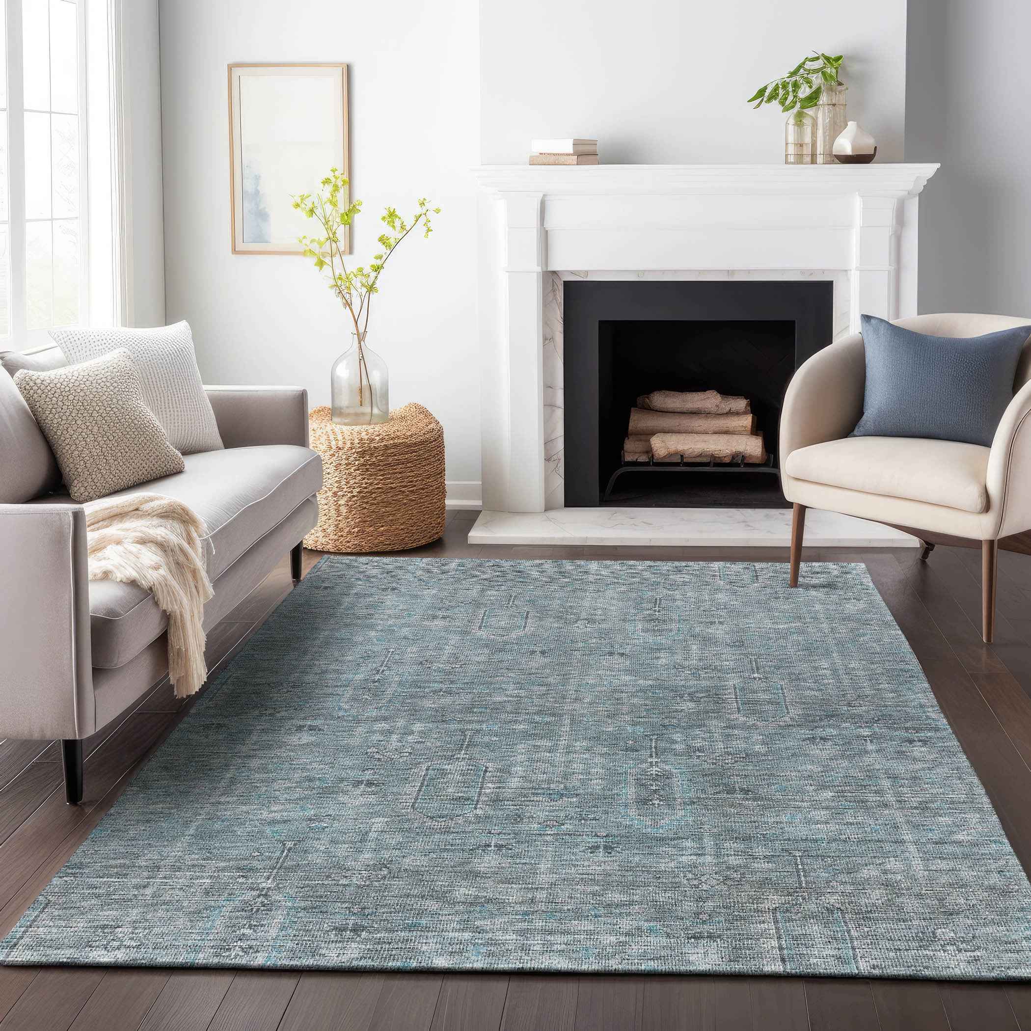 8' X 10' Teal Blue And Gray Southwestern Washable Indoor Outdoor Area Rug