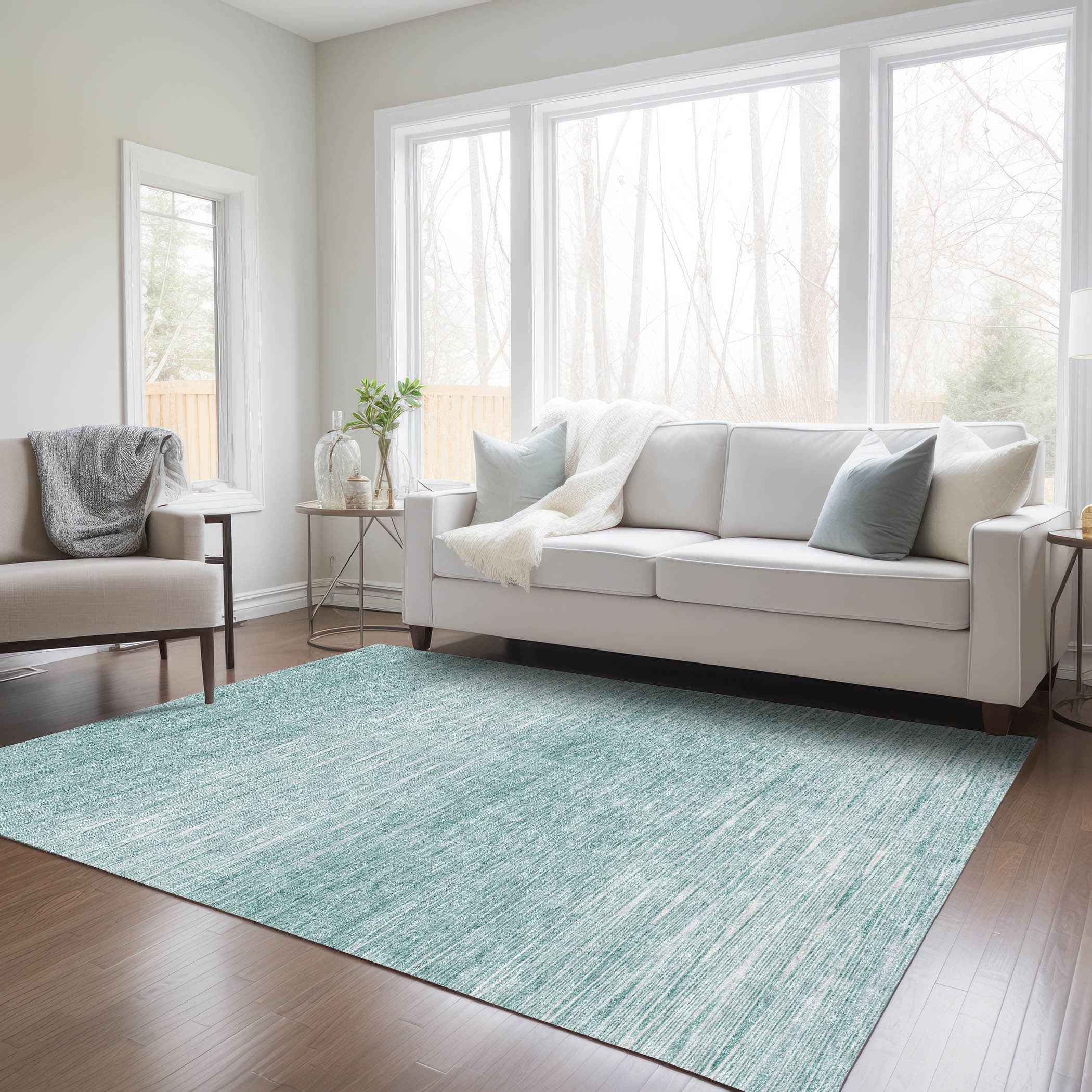 3' X 5' Aqua And Ivory Abstract Washable Indoor Outdoor Area Rug