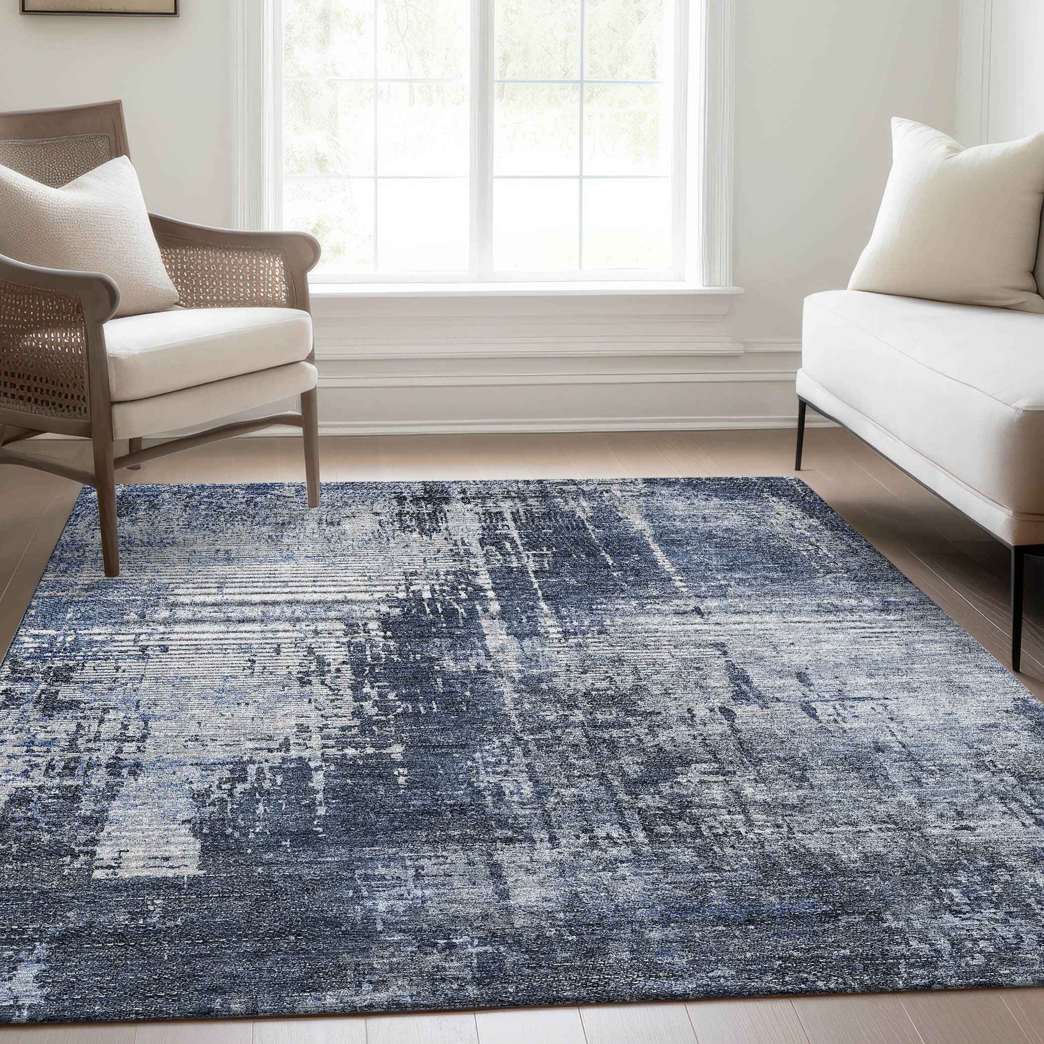 9' X 12' Navy Blue And Sky Blue Abstract Washable Indoor Outdoor Area Rug