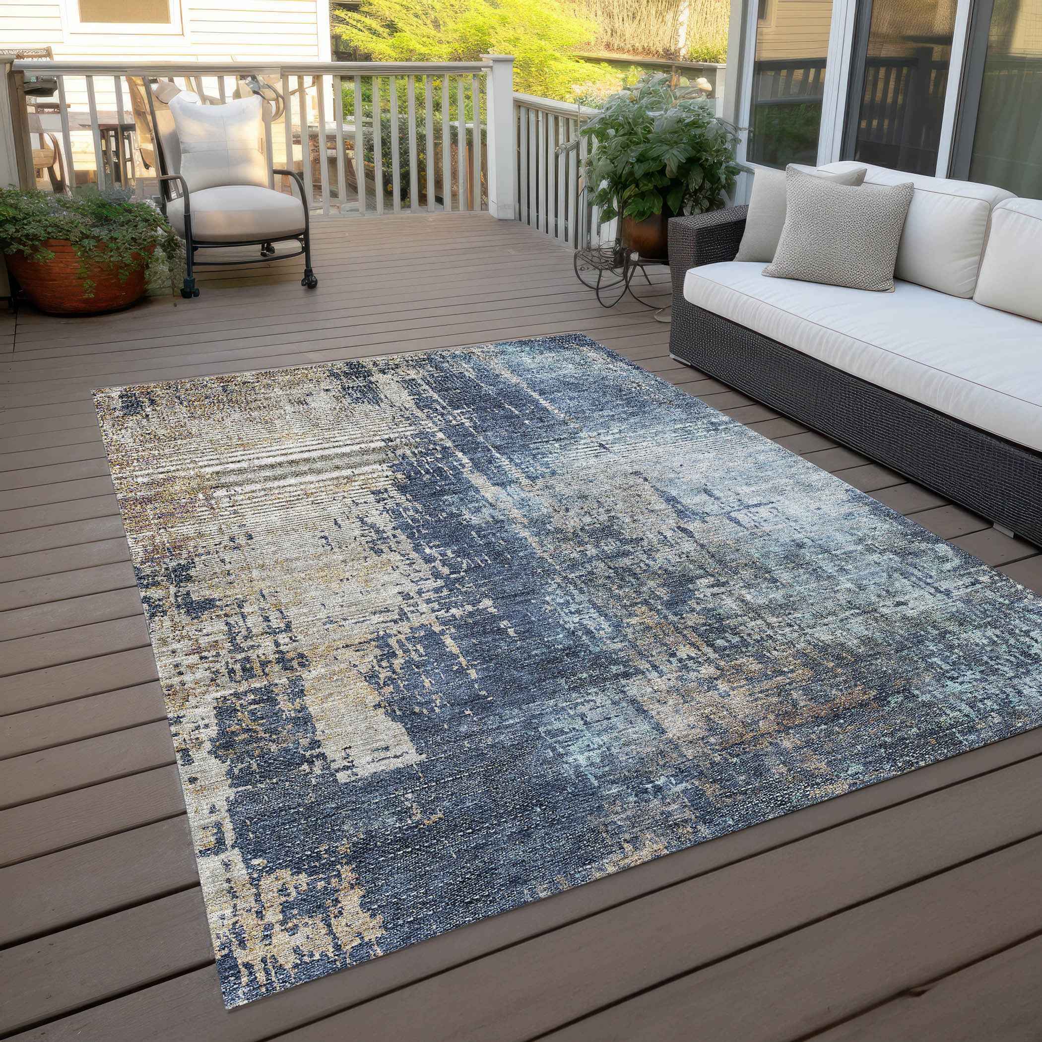 3' X 5' Navy Blue And Taupe Abstract Washable Indoor Outdoor Area Rug