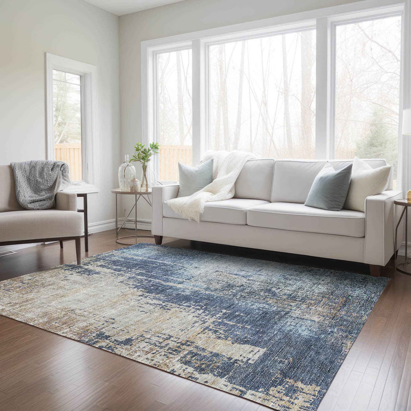 3' X 5' Navy Blue And Taupe Abstract Washable Indoor Outdoor Area Rug