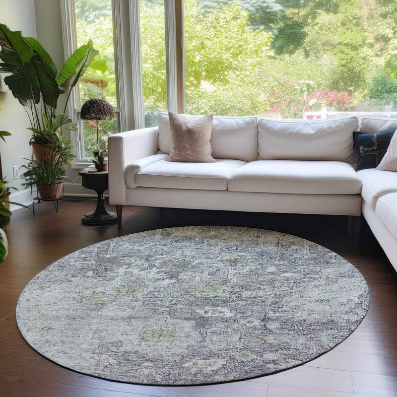 8' Plum Purple And Olive Green Round Oriental Washable Indoor Outdoor Area Rug
