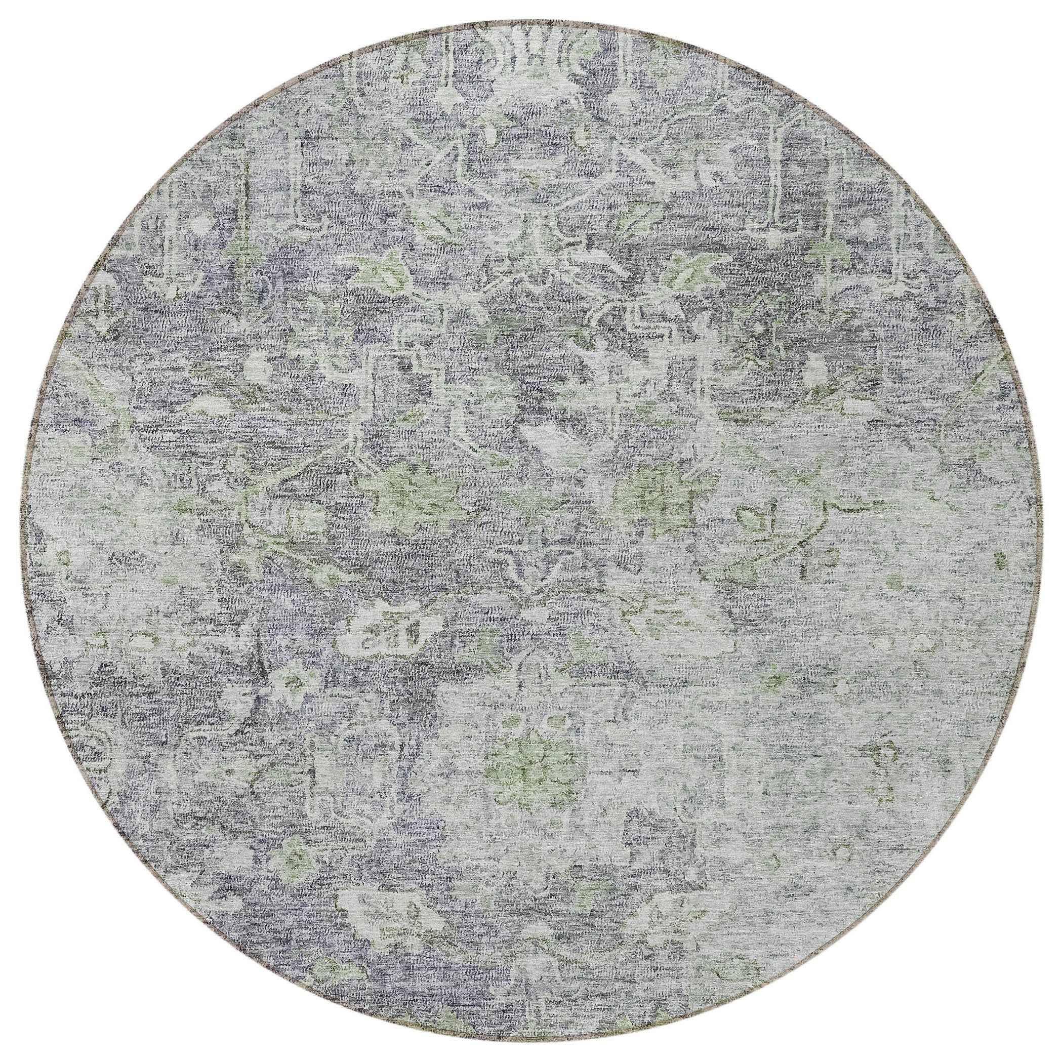 8' Plum Purple And Olive Green Round Oriental Washable Indoor Outdoor Area Rug