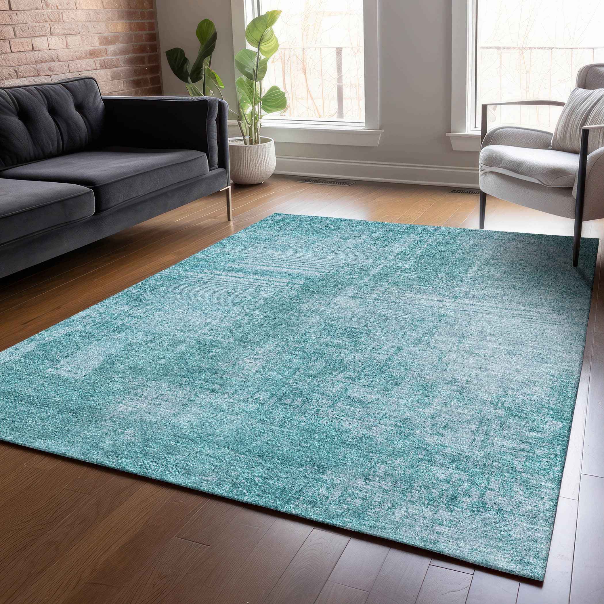 8' X 10' Aqua Teal Blue And Gray Abstract Washable Indoor Outdoor Area Rug