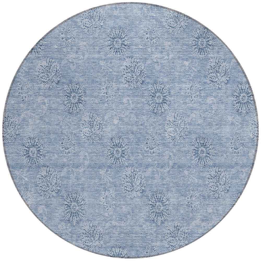 8' Sky Blue And Blue Round Floral Washable Indoor Outdoor Area Rug